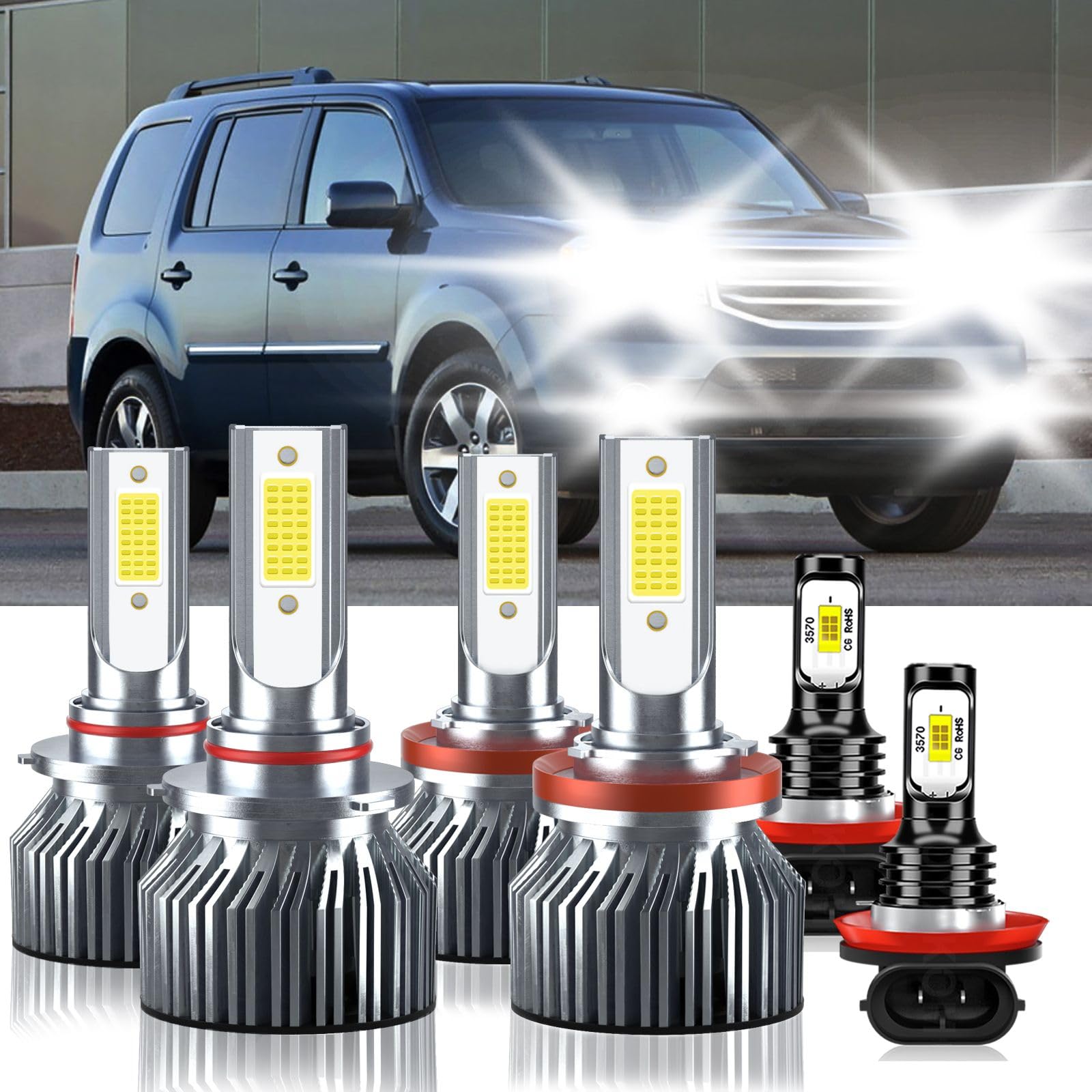 LUXIVORA 9005 + H11 Bulbs Combo for Honda Pilot 2006-2018, White, Pack of 6, Aluminum Material