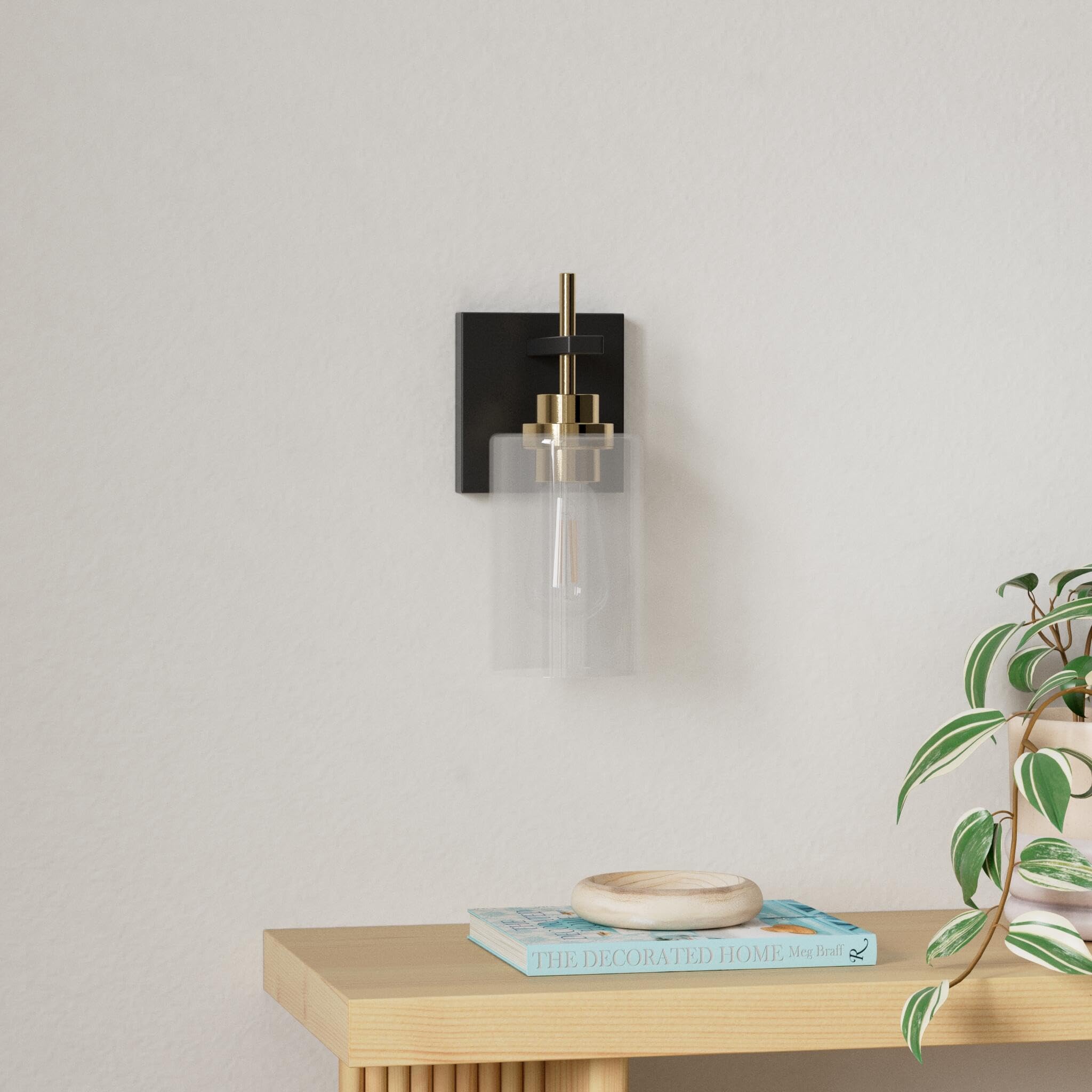 DSMJFU Wall Sconces Set of 2, Modern Glass Lighting, Hardwire, Clear, Black and Gold, Model DX23001Y-B&G