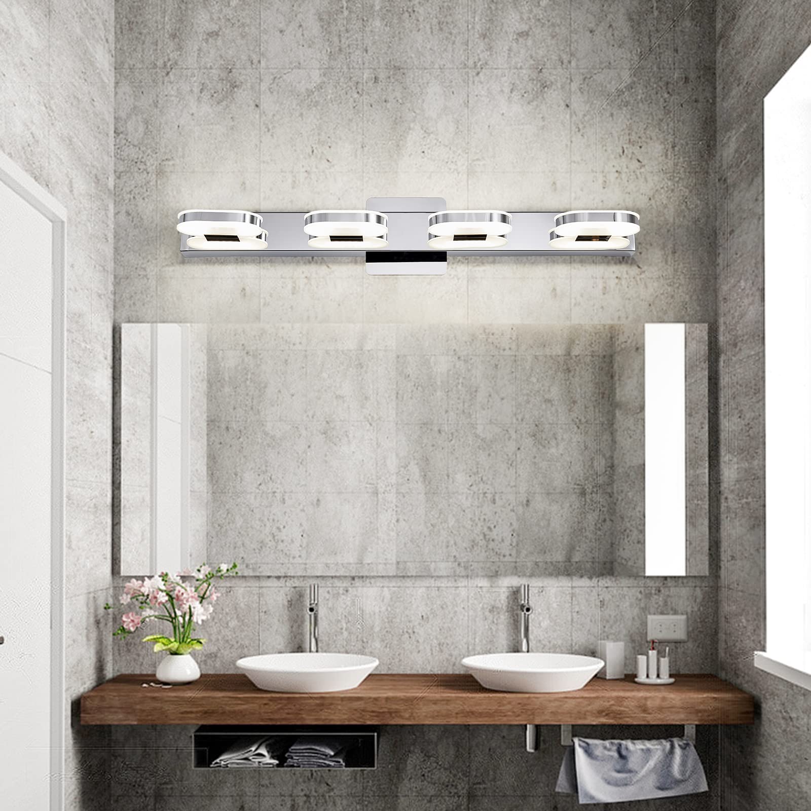 Myhaptim Modern LED 4 Lights Vanity Light for Bathroom Modern Vanity Light Fixture Wall Sconce 26 Inch Natural White Light (Chro