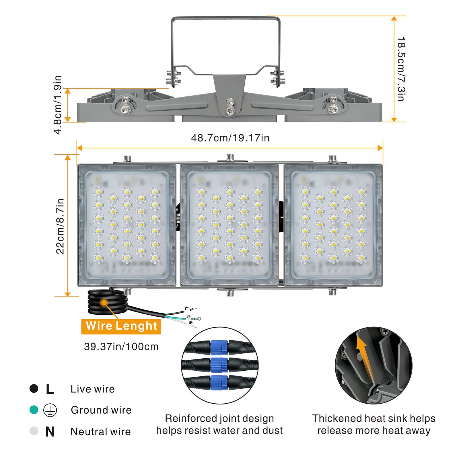 Stasun 150W 15000Lm Dimmable Led Flood Light Outdoor  Flying Series Pro - 3 Panel 330 Lighting Angle  6000K  Ip66 Exterior Floodlights For Backyard  Stadium  Arena  Court  Commercial  Parking Lot