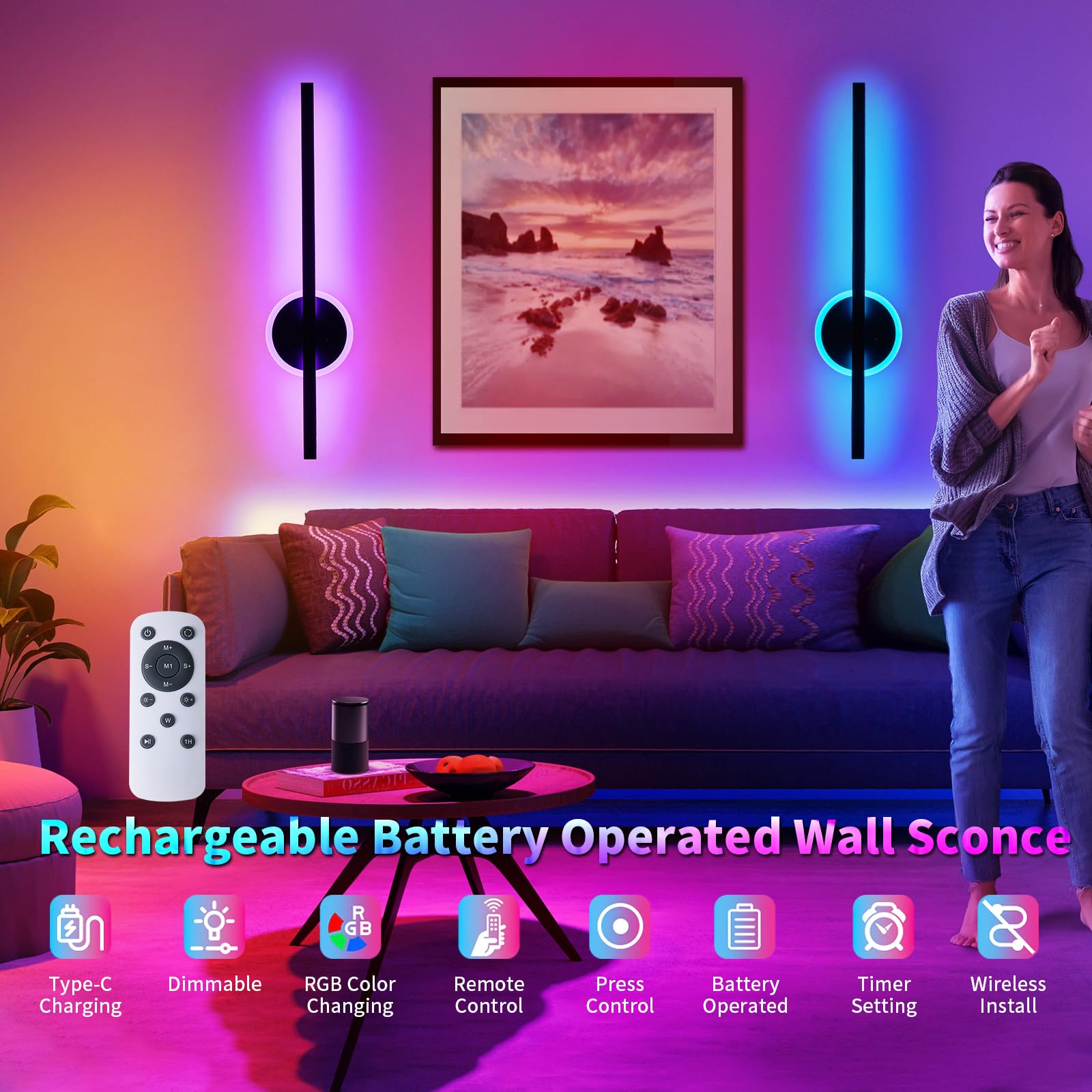 Lumiquesce Wall Sconces Set of 2, RGB LED Lights with Remote, 24 Inch, Black, Model 7105