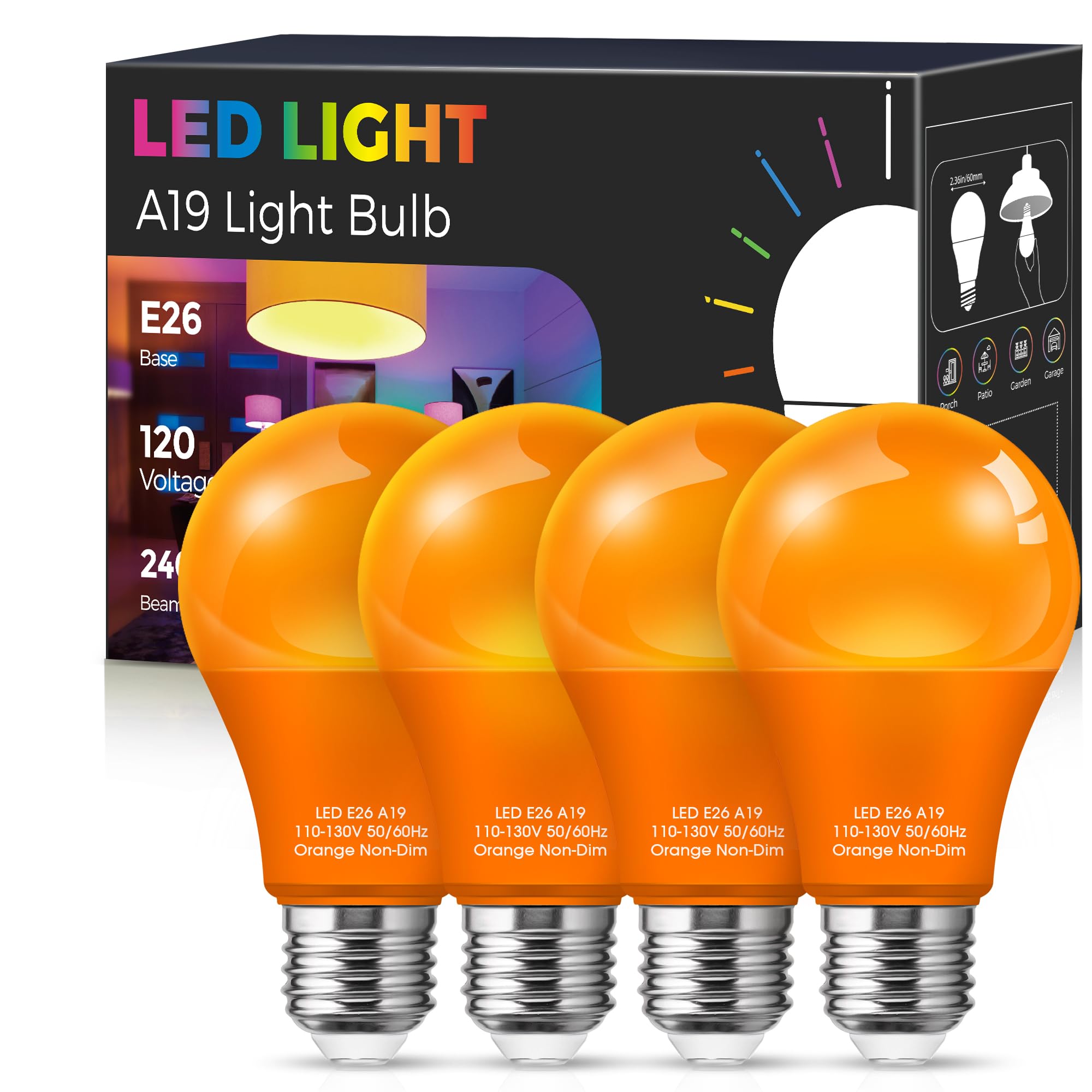 Orange Light Bulbs [ 4 Pack ] A19 Halloween Light Bulbs LED Orange Bulb Outdoor 9W (60 Watt Equivalent) - E26 Colored Light Bulb