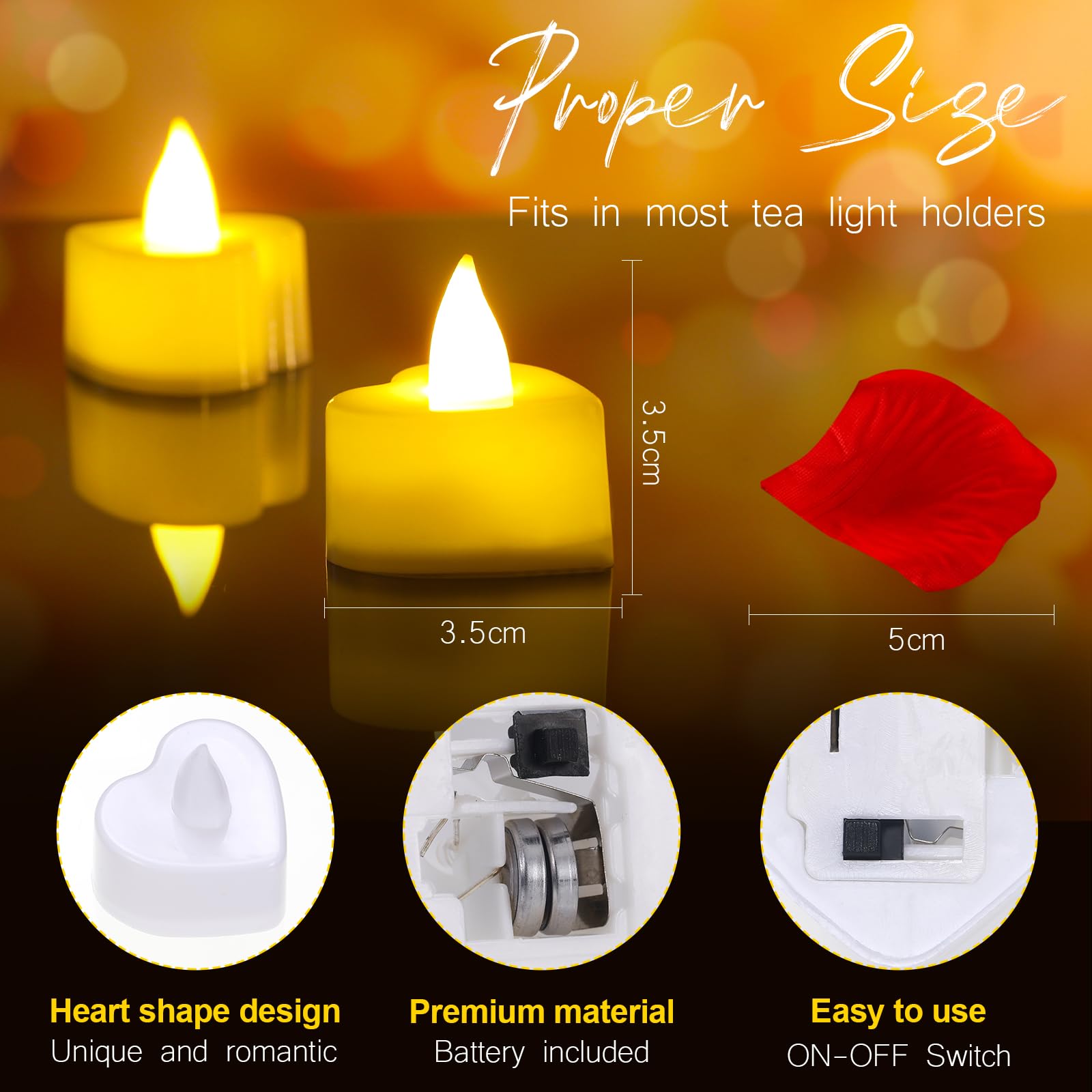 Vihose 4000 Pcs Artificial Rose Petals With 24 Pcs Led Tea Lights Candles Flameless Led Candles Fake Rose Petals For Valentine'S Night Proposal Wedding(Yellow Light, Red Petals)