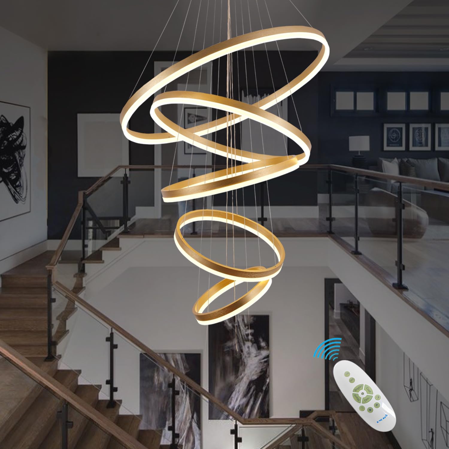 Embring Modern Led Chandelier 5 Rings Gold Chandeliers With Remote Control Dimmable Large Chandelier For High Ceiling Staircase Living Room Foyer 3000K-6000K Selectable