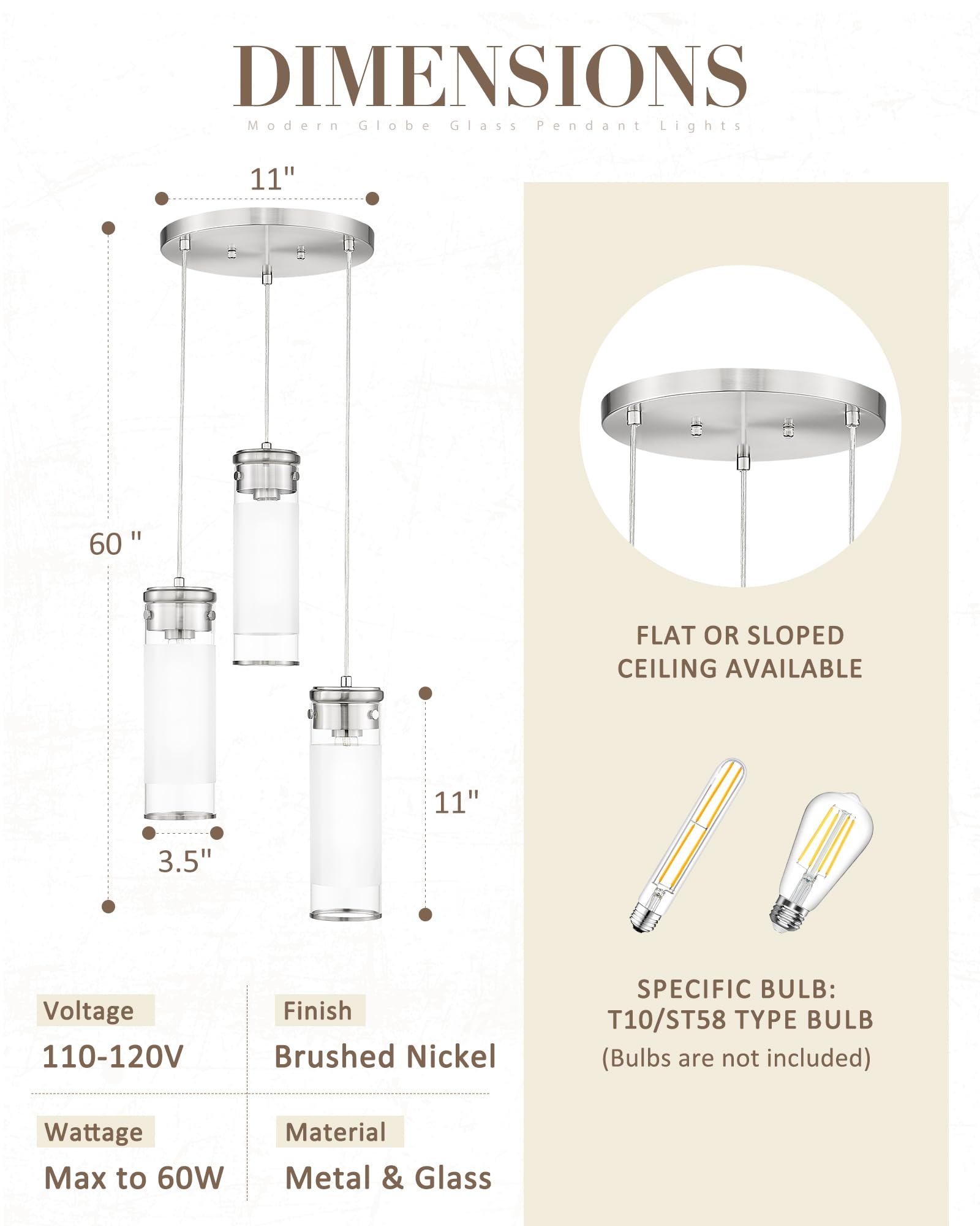 Jazava Clutster Pendant Light Fixture, Hanging Light With Brushed Nickel Finish, 3-Light Cylindrical Kitchen Island Lighting For