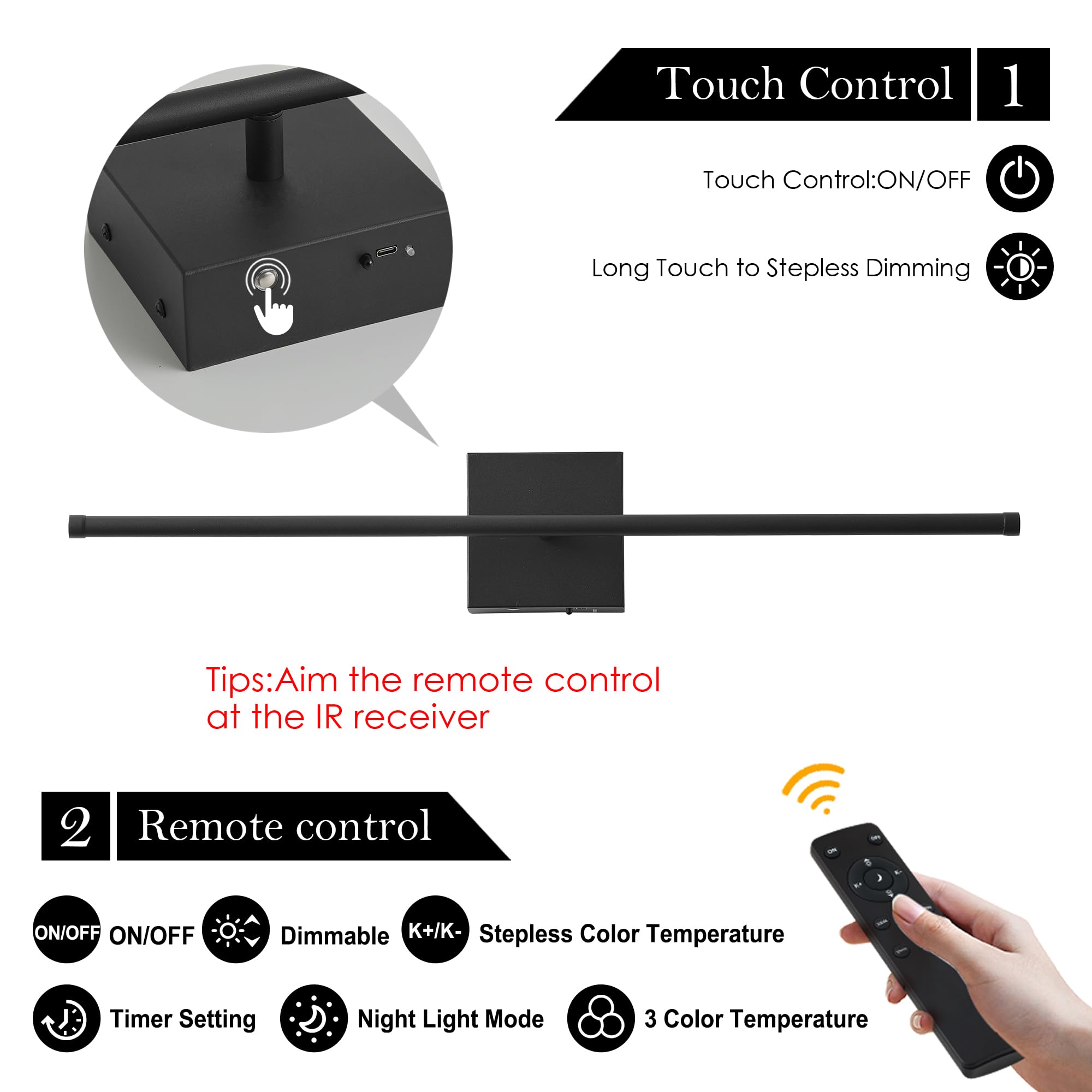 KARTOOSH Wall Sconces, Removable Battery Operated, Remote Control, Dimming, 24.4 Inch, Black, Model ZM321BBL60 (2 Pack)