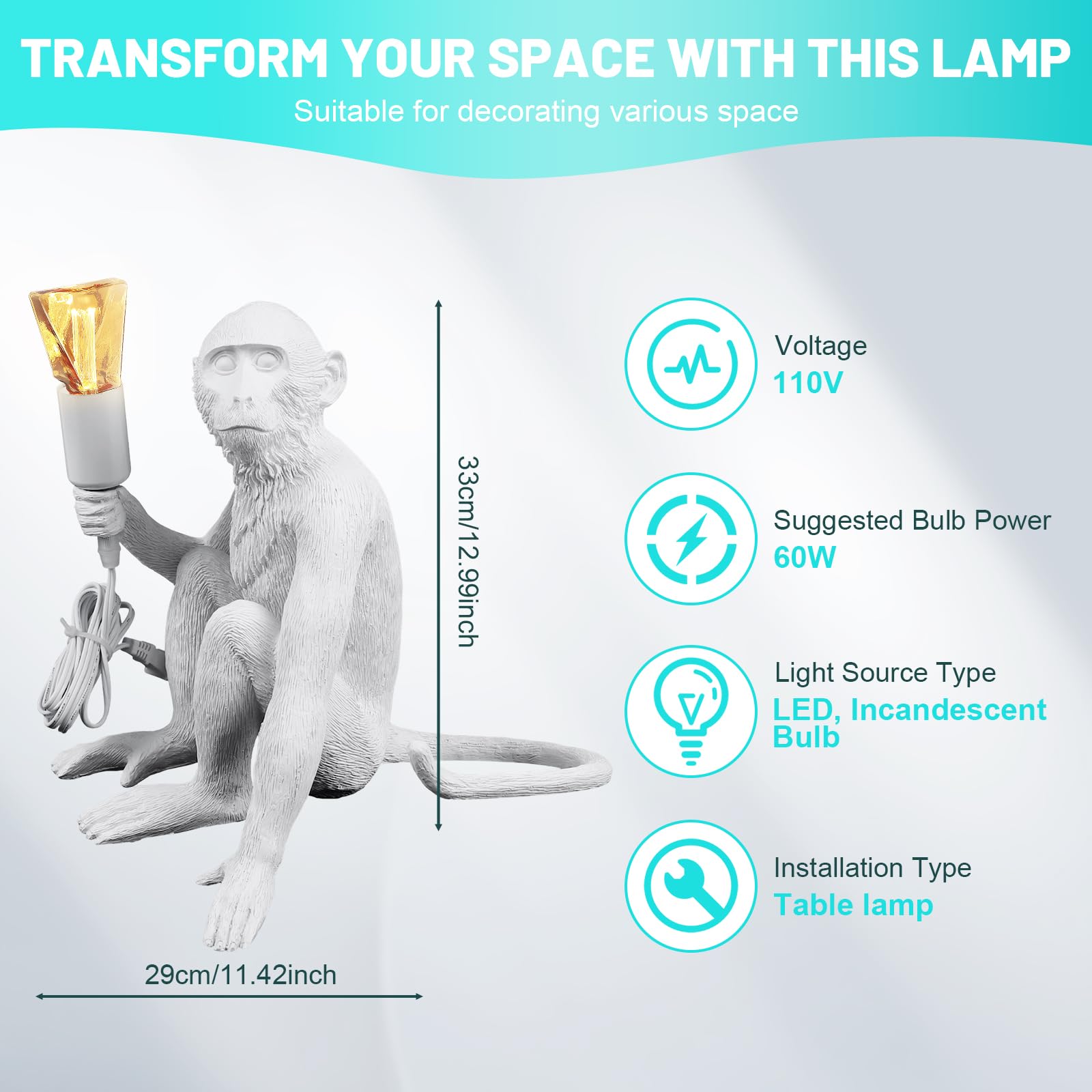 Huashuani Monkey Desk Lamp, Bedside Monkey Statue Light, Creative Resin Table Light Lighting Fixture For Bedroom, Kids Room, Din
