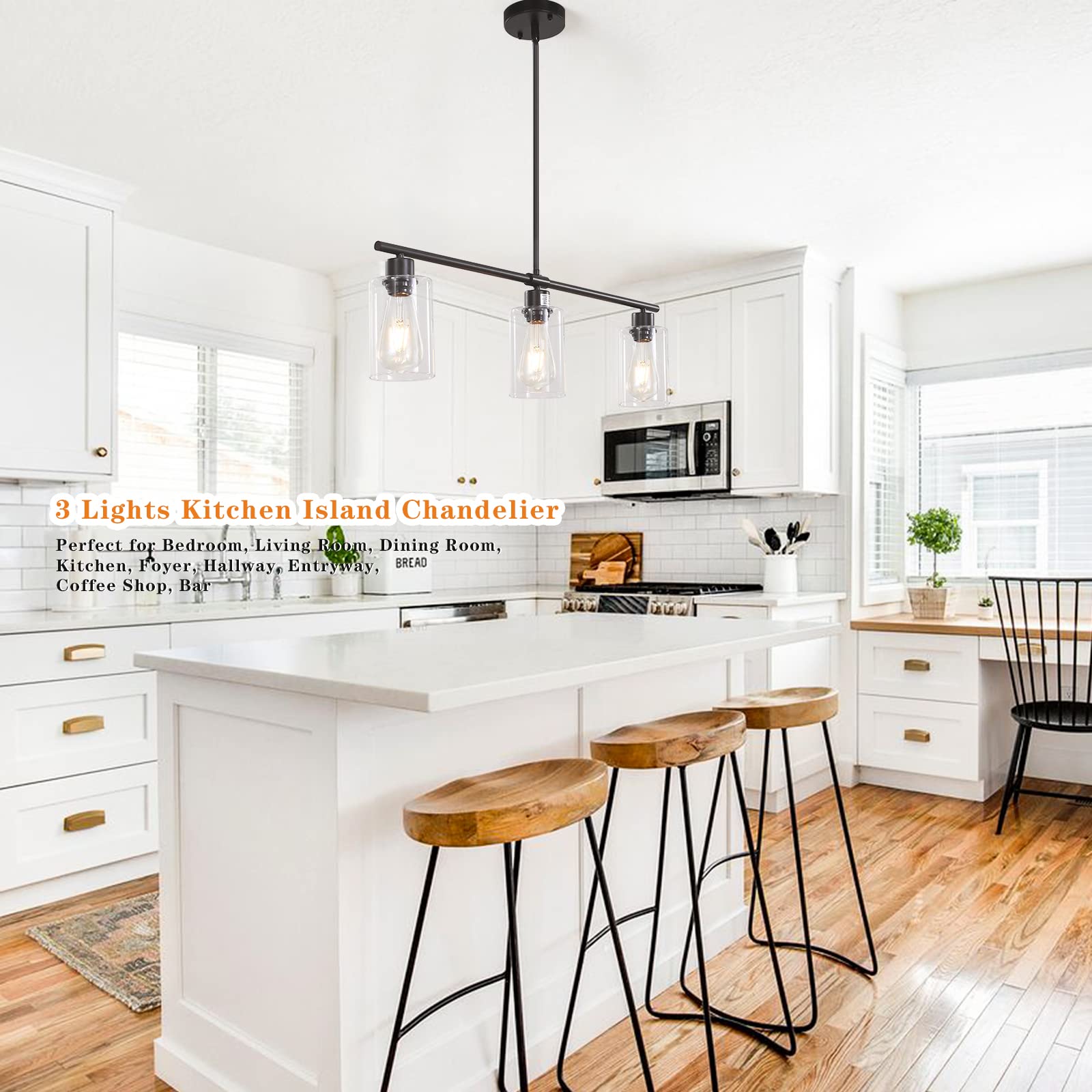 Ljhhowe Modern Kitchen Lights 3 Lights Black Linear Chandelie Pendant Light Kitchen Island With Glass Shades Hanging Light Fixtu