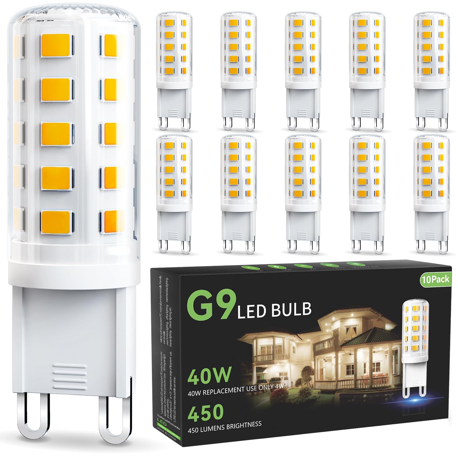 Volivo 10 Pack G9 Led Bulb 4W, 3000K Soft Warm White, 40 Watts Halogen Replacement T4 G 9 Bi Pin Base, Non-Dimmable No Flicker 1