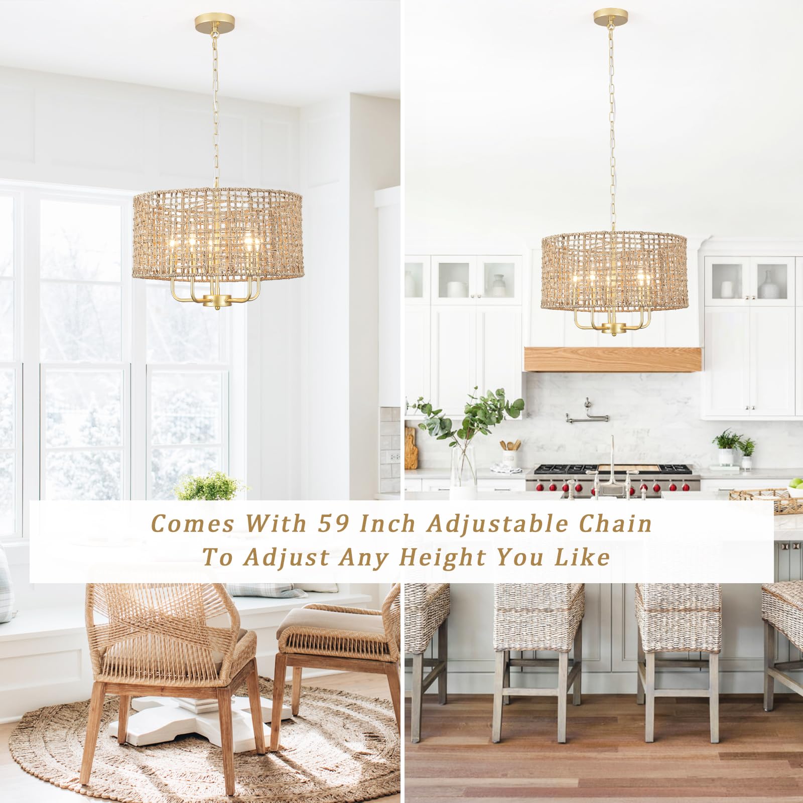 Hand Woven Rattan Chandelier 5 Lights Large Gold Farmhouse Chandelier With Wicker Shade Rustic Boho Pendant Light Fixtures Drum