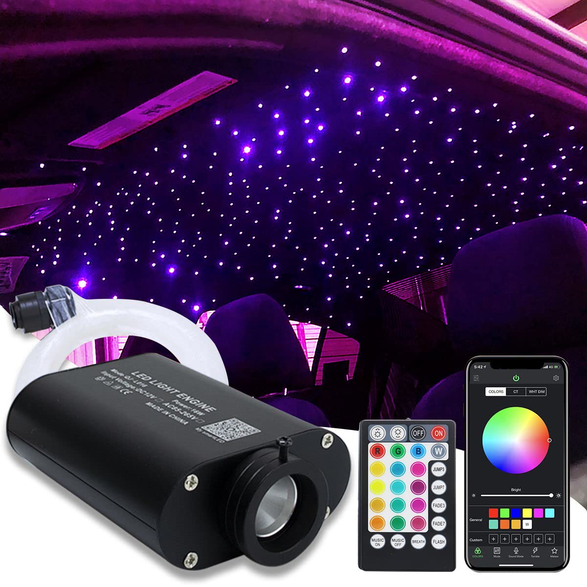 AMKI 16W Fiber Optic Lights,Starlight Headliner Light Kit APP/Remote Control Sound Activated Mode for Car&Home Decoration,Optical Fiber Cable Strands 0.75mm/0.03in 6.5ft/2m 200pcs