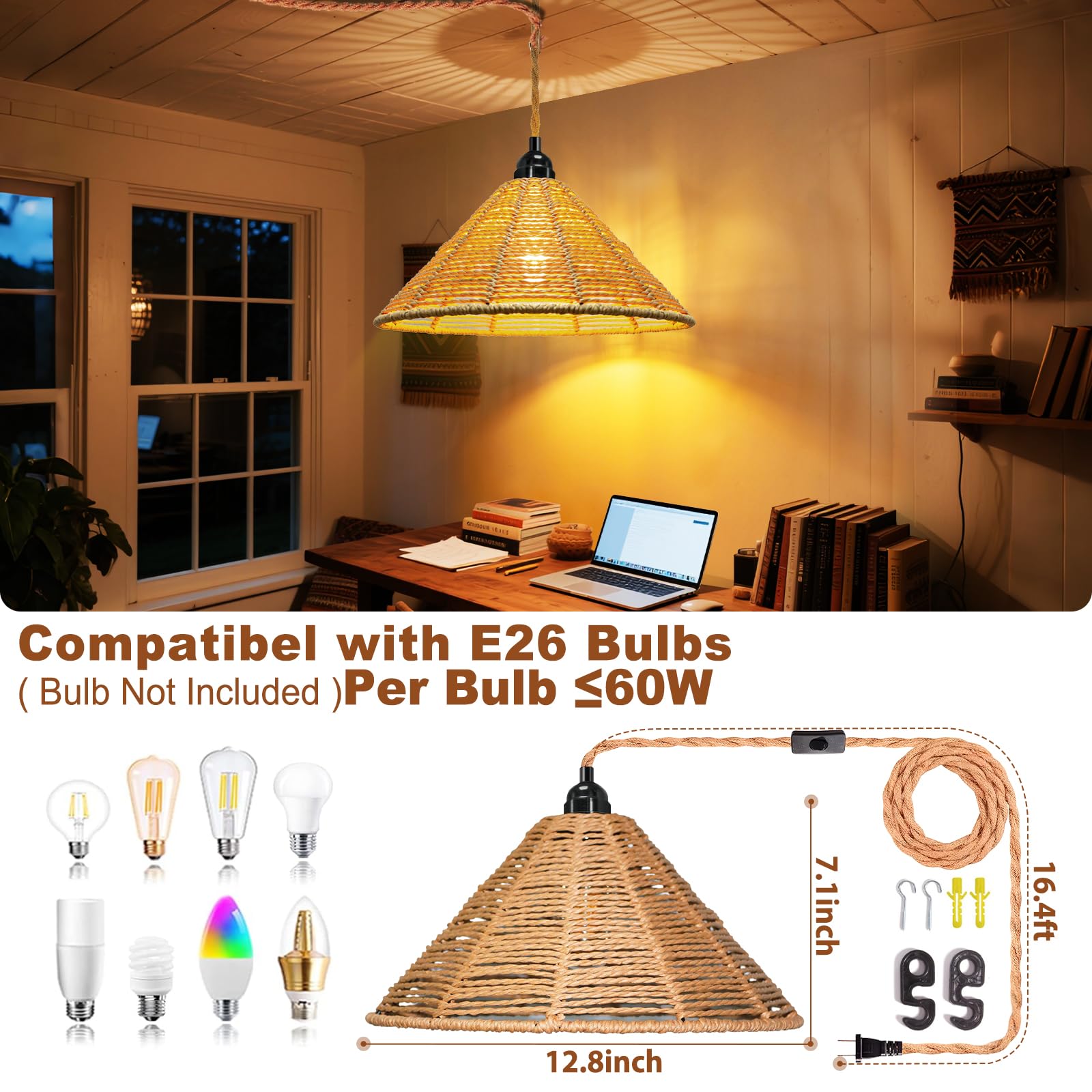 Hanging Lamps Rattan Pendant Light - 16.4Ft Plug In Cord Hanging Light Fixture Plug Into Wall Outlet Pendant Lighting With On Off Switch For Bedroom Living (Industrial Shade)