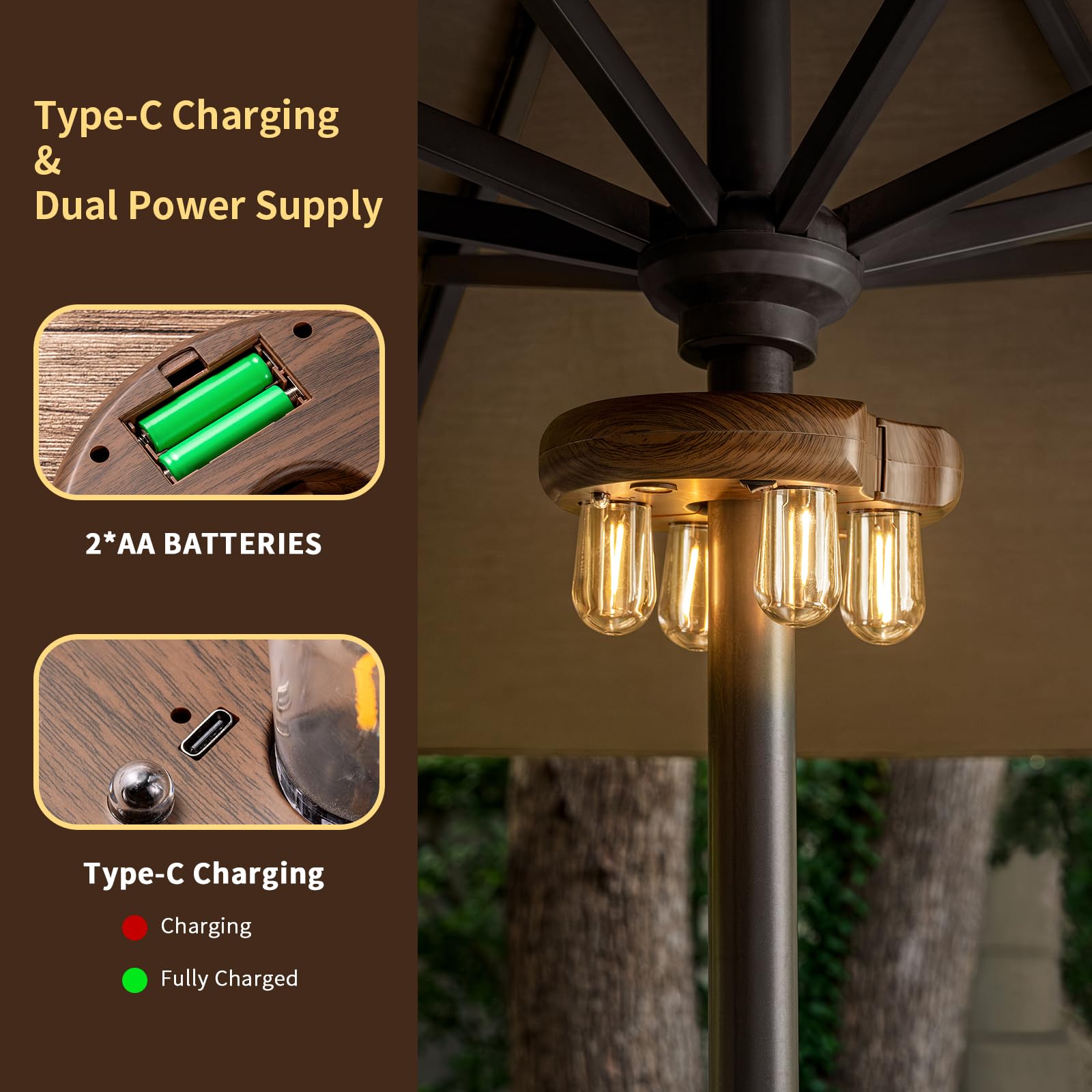 OPOIRA Dark Wood Grain Patio Umbrella Light, Remote Control, Rechargeable LED Edison Bulbs, 10 Brightness Levels, 2 Pack