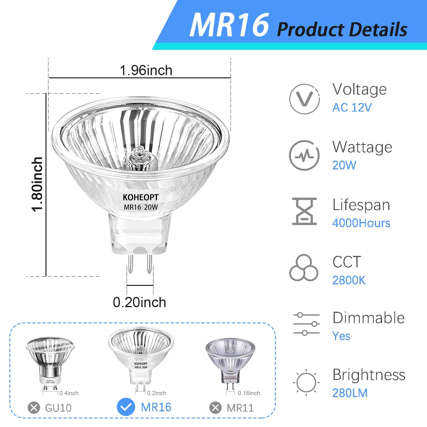Koheopt Mr16 20W Halogen Light Bulbs 2 Pin,12V Durable 4 Packs High Output Gu5.3 Base For Landscape Lights, Track Lights, Desk L