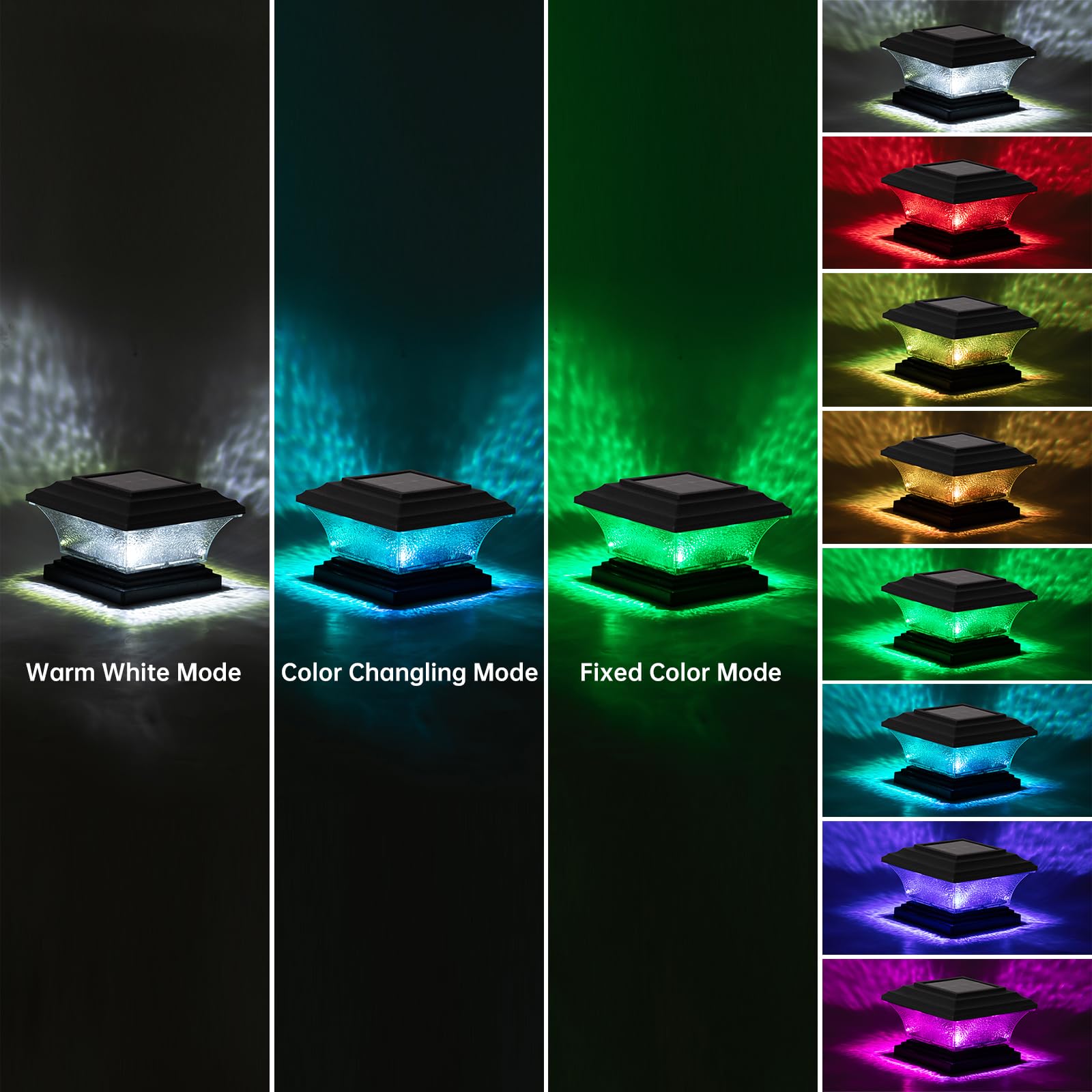 HUYIENO Solar Post Cap Lights - Outdoor LED Deck Fence Cap Light, 9 Light Modes, Bright White/7 Color Fixed & Cycling Modes, Sui