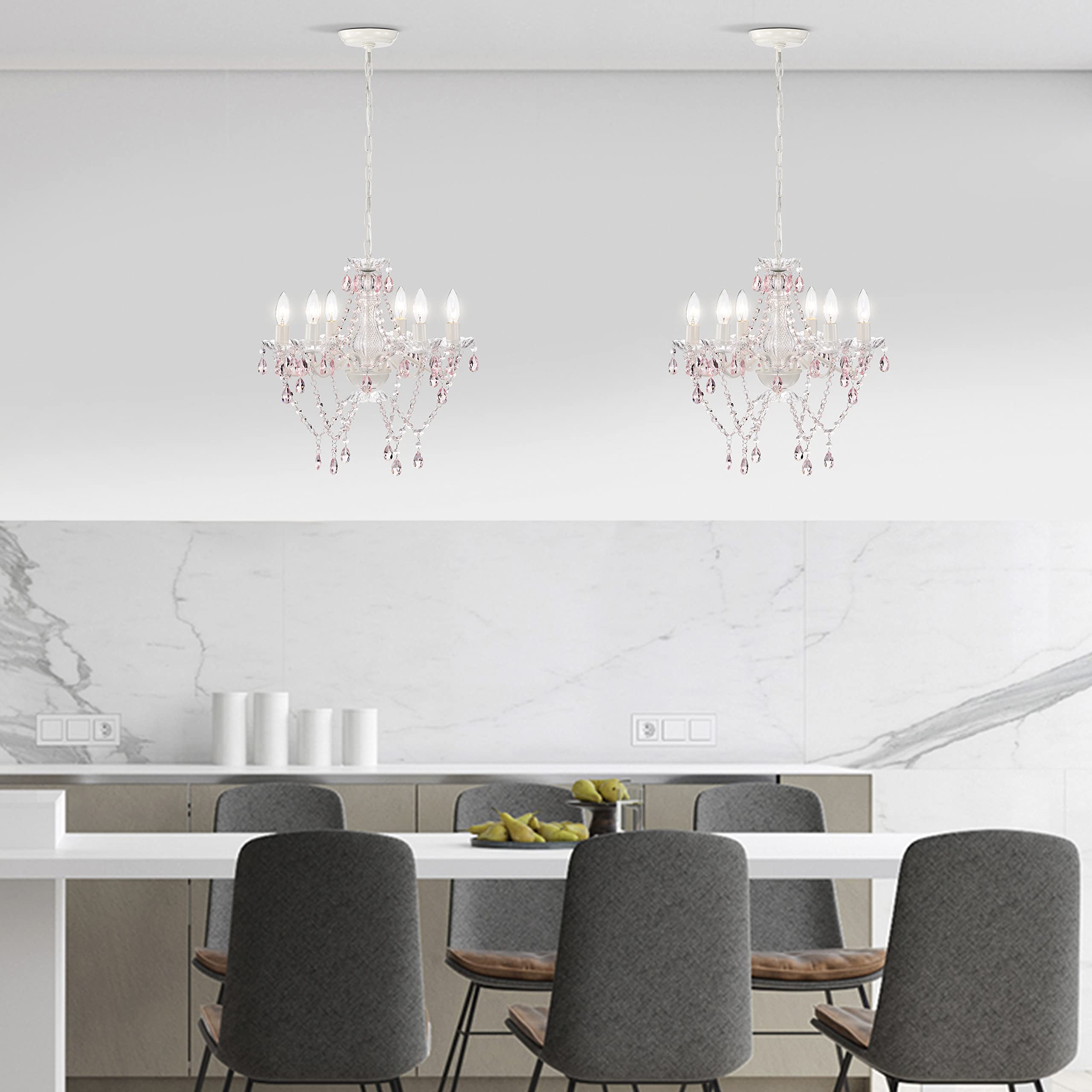 Mr.Color White Chandeliers Pink Crystal Chandelier Lighting Fixture 6 Light Candle Chandelier For Bedroom