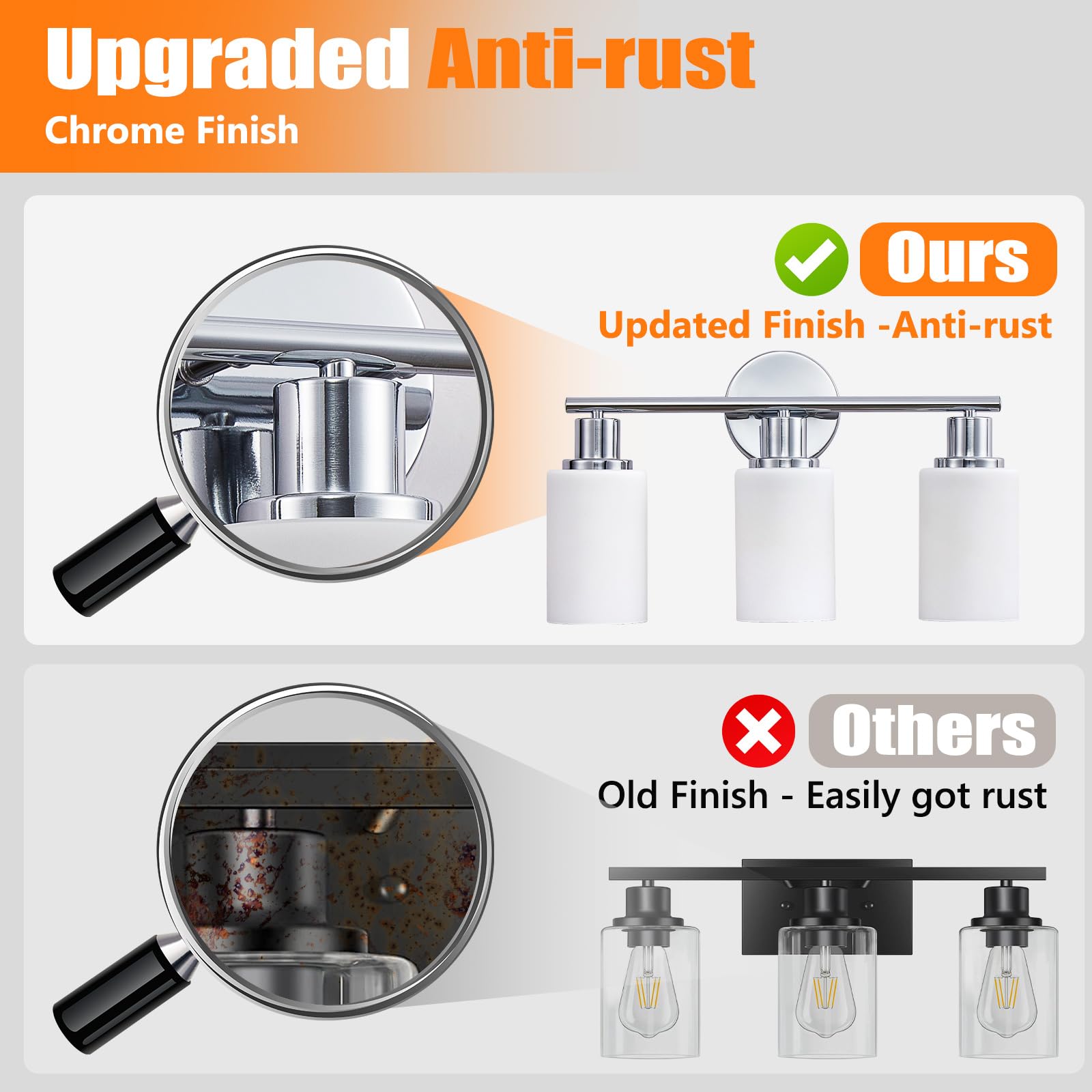 DINGLILIGHTING 3-Light Bathroom Light Fixtures Chrome Modern Vanity Lights Milky White Glass Shade