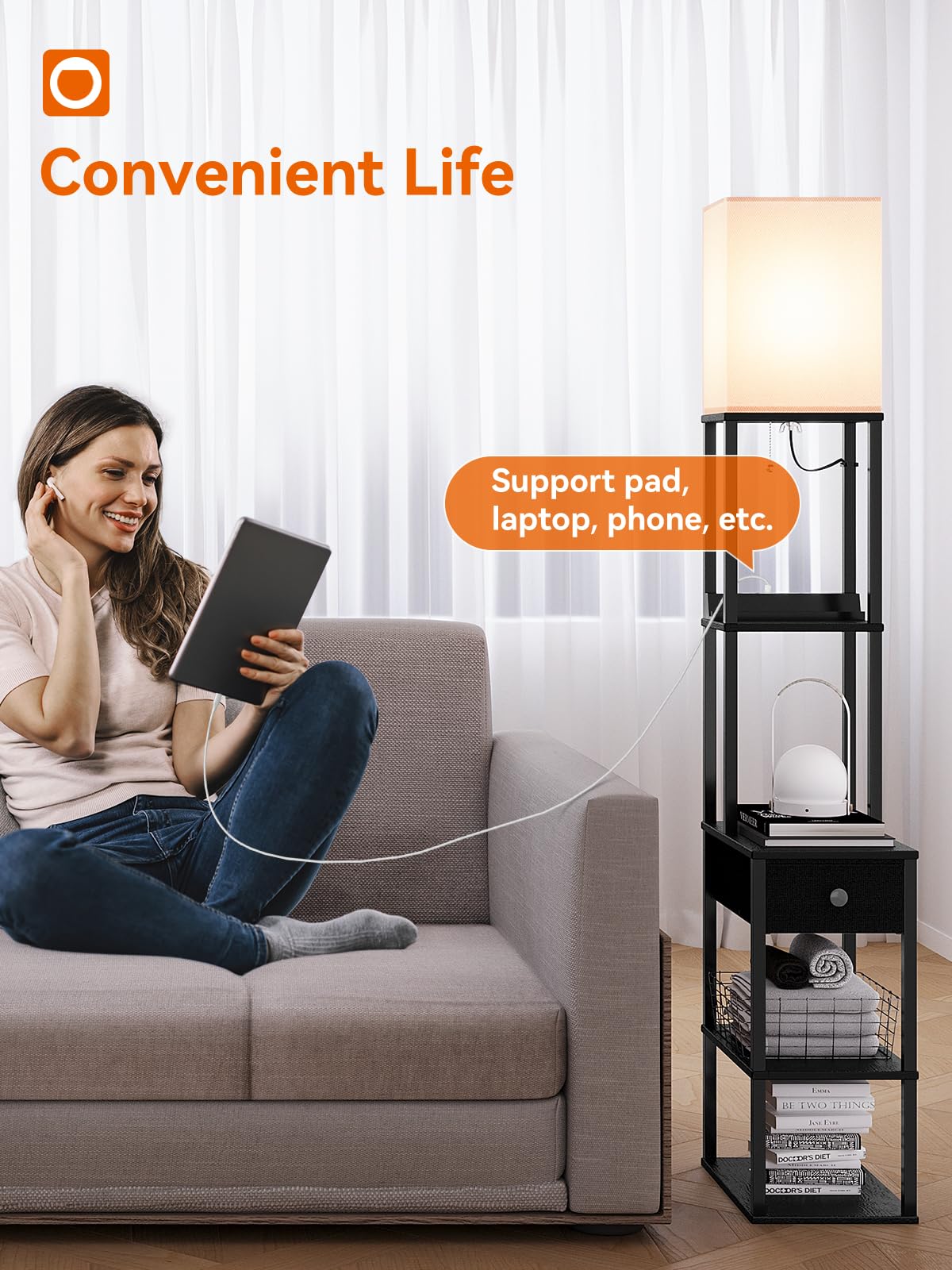 addlon Floor Lamp with USB, Outlet & Drawer - 3 Color Temperatures LED Bulb, Black Wood - Ideal for Living Room, Bedroom, Office