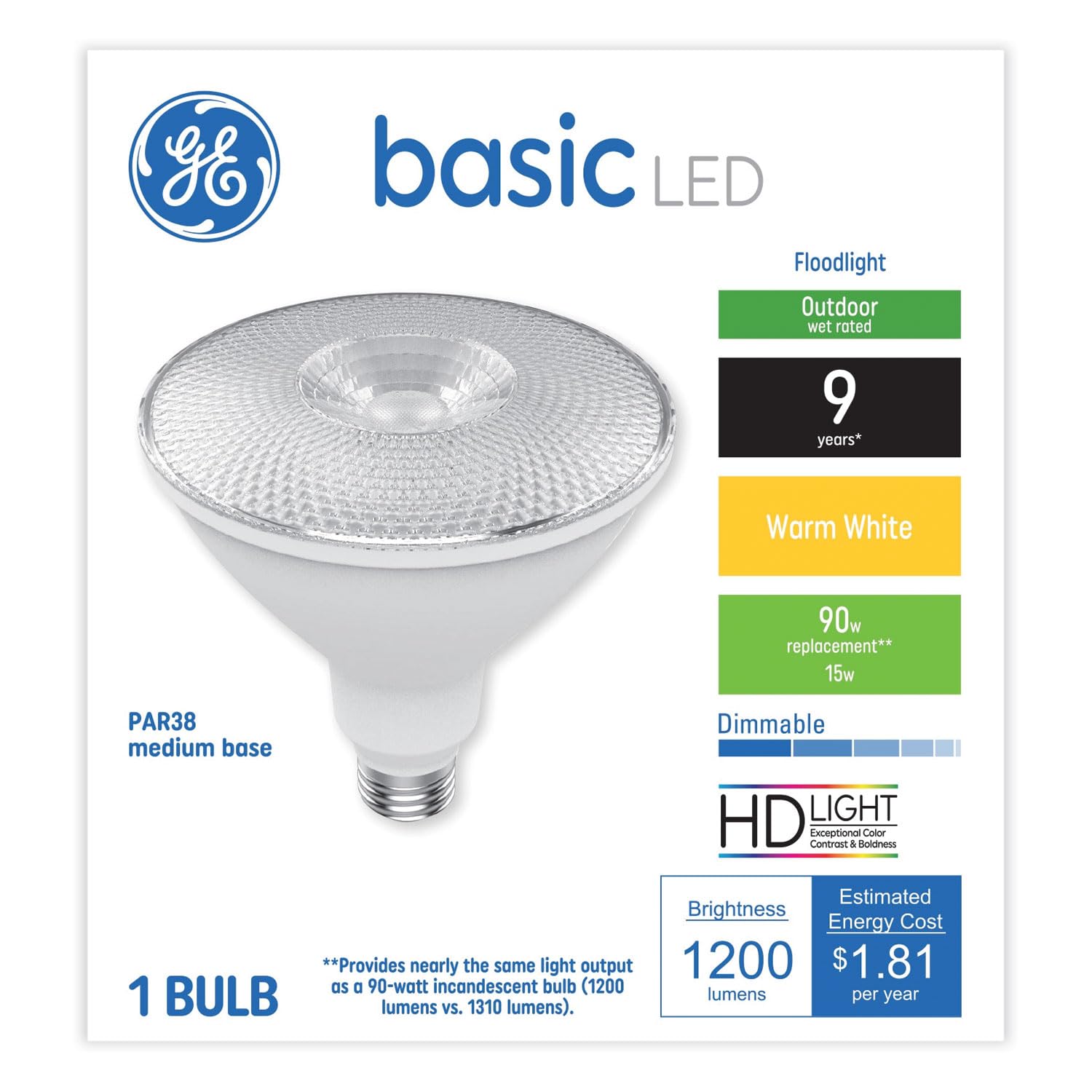 Ge Basic Led Dimmable Outdoor Flood Light Bulbs, Par38, 15 W, Warm White