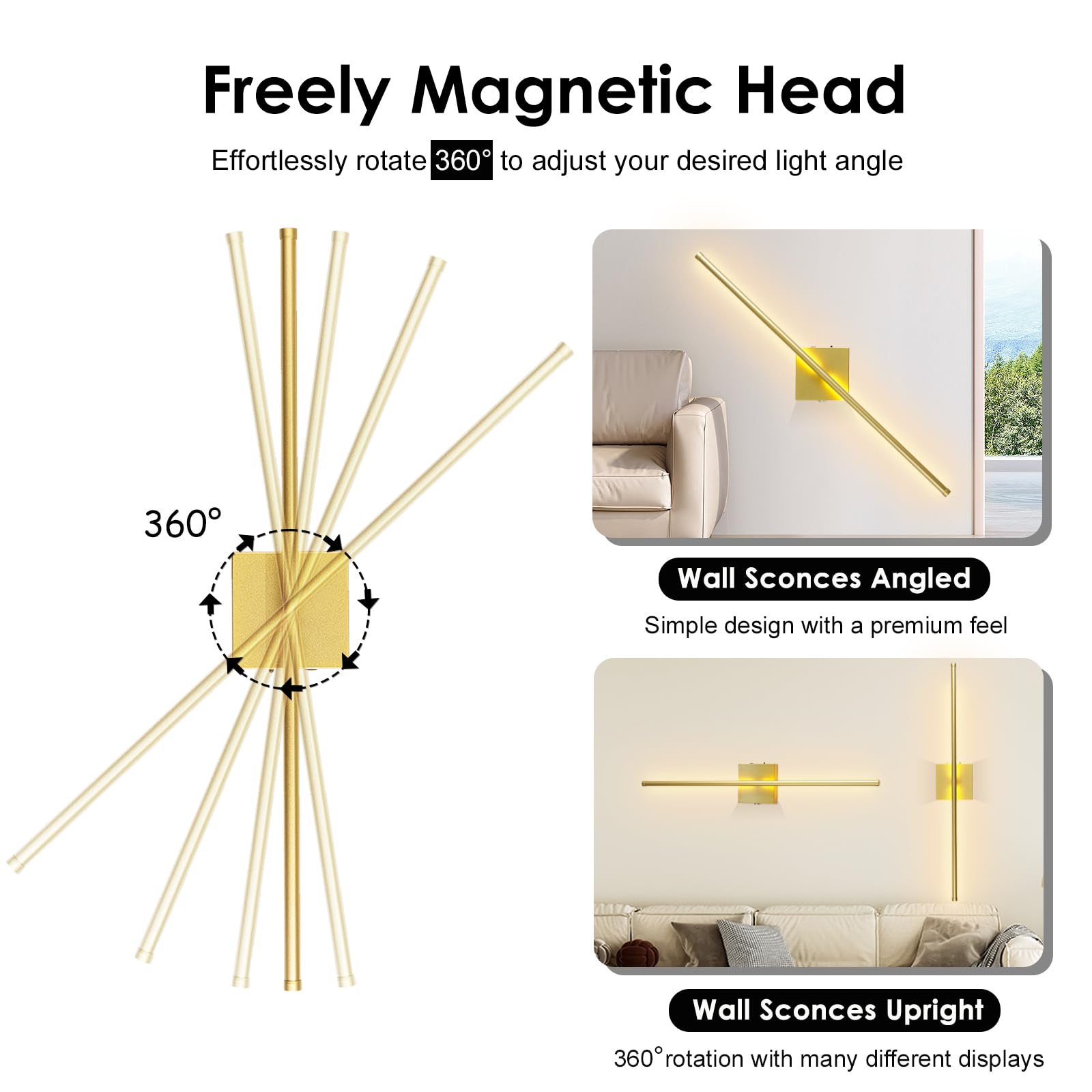 Morpholife LED Wireless Wall Sconce Set of Two - USB Rechargeable, Dimmable, 28.3" Gold Lamps for Hallway/Living Room/Bedroom