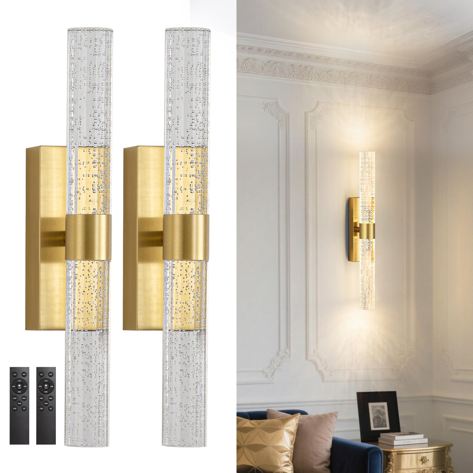 TPSHPTS Wall Sconces Set of 2, Dimmable Wireless Lights, 10000mAh Rechargeable, 15.7-Inch, Gold, Model NQP-G02