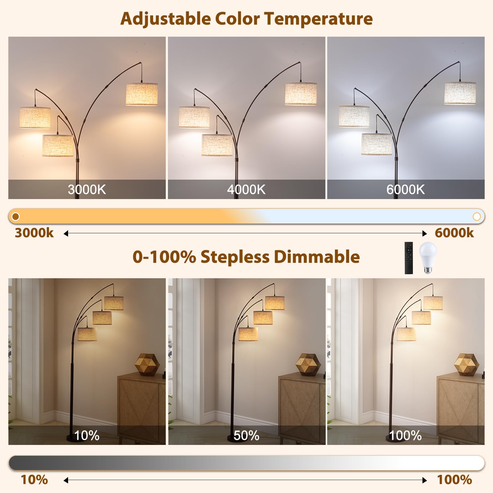 Netin 3 Light Arc Floor Lamps for Living Room, Dimmable Floor Lamp with Remote Control, Modern 80 Tall Standing Lamp, 3 Color Te