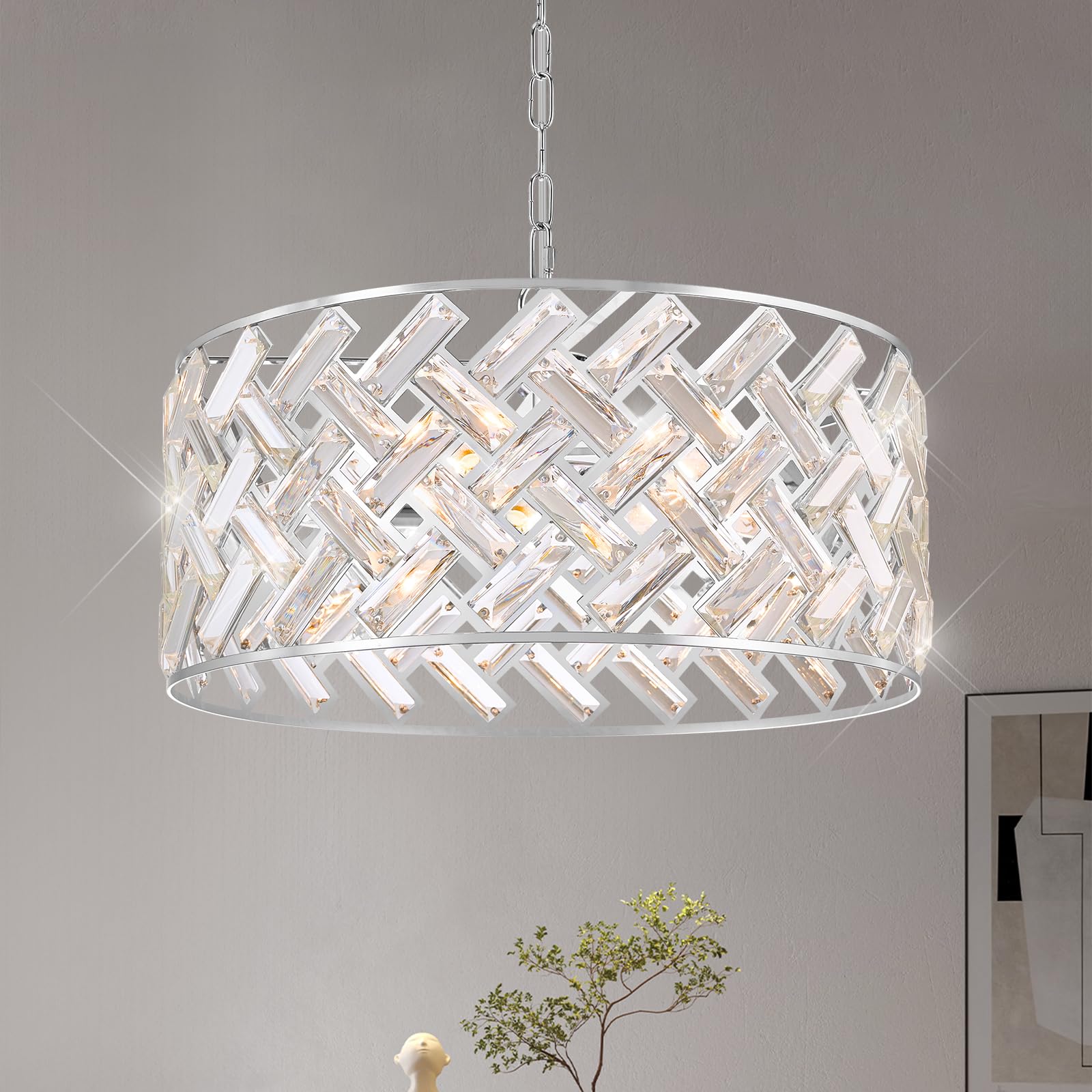Chrome Crystal Chandelier  18 Modern Drum Ceiling Light Fixture  6-Light Semi Flush Mount Pendant with K9 Crystals  Round Hanging Lighting for Dining Room  Living Room  Bedroom  Kitchen  Hallway