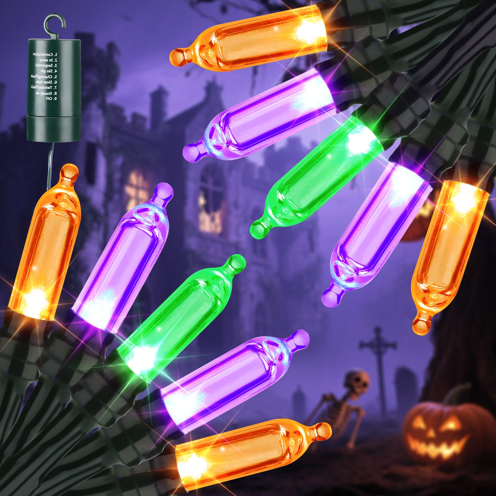 LYHOPE Halloween Lights, 33ft 100 LED, Waterproof, 8 Modes, Battery Operated, 2 Pack, Orange Purple Green, Model JJMAHBLOPG6_2