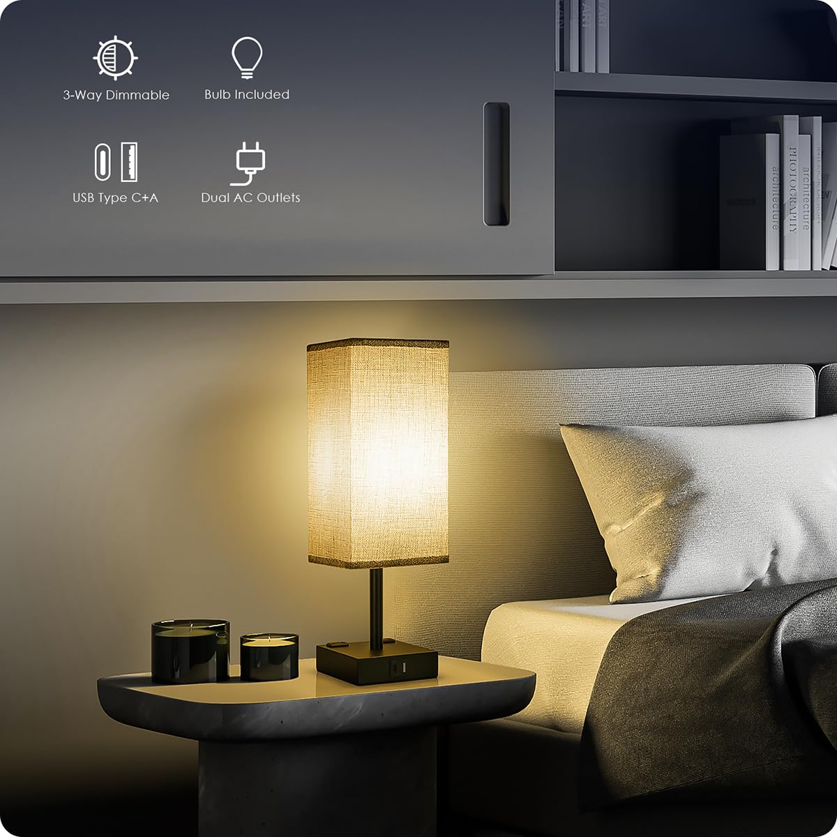 Soilsiu Bedside Lamp - Touch Control Table Lamp with USB C+A Ports, 3-Way Dimmable, 4.3" Width, Gray, LED Bulb Included, Model
