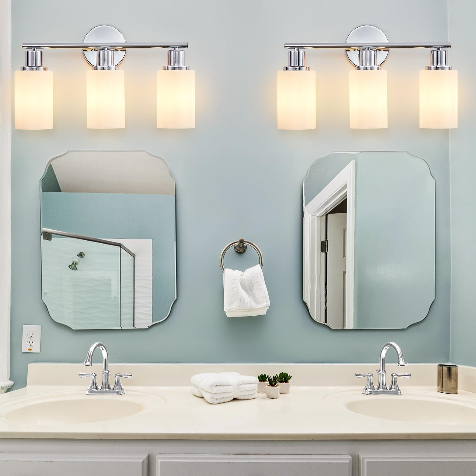 DINGLILIGHTING 3-Light Bathroom Light Fixtures Chrome Modern Vanity Lights Milky White Glass Shade