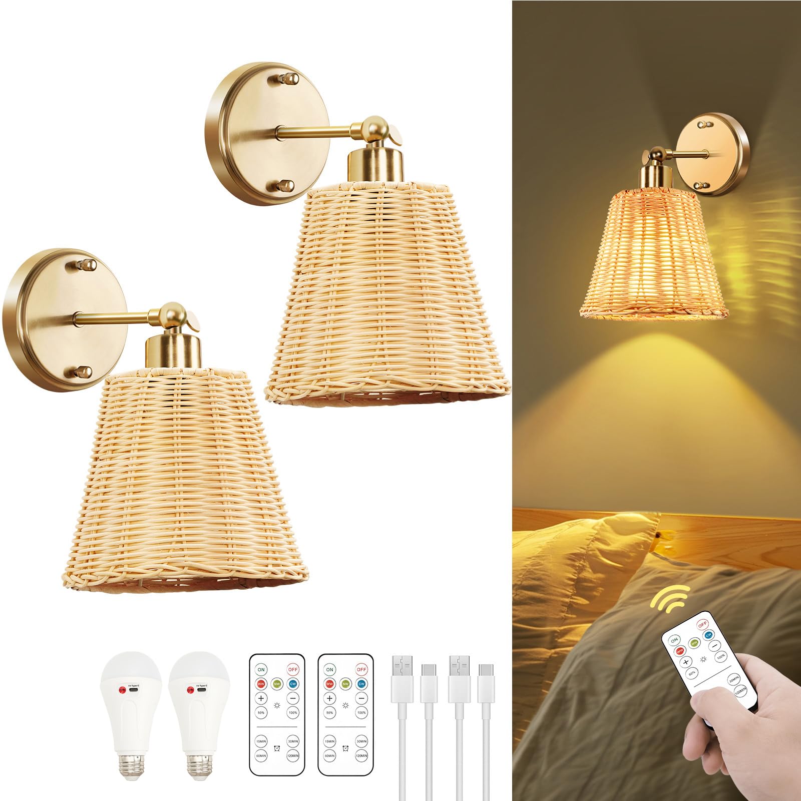 Frideko Rattan Rechargeable Battery Operated Wall Sconces Set Of Two With Remote, 3 Colors Dimmable Wireless Wall Light, 5200Mah