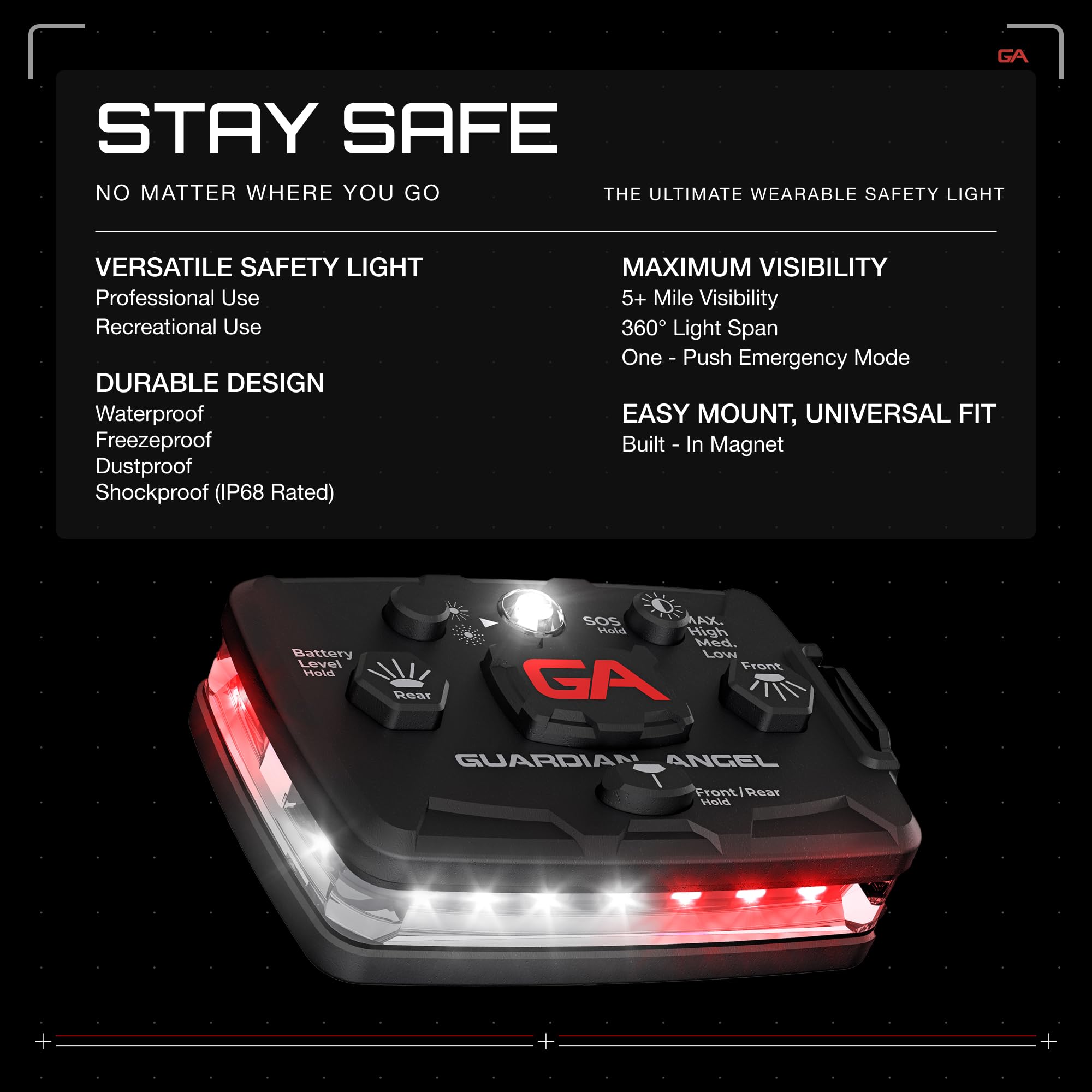 Guardian Angel Beacon Device - Rechargeable Magnetic LED Safety Light for First Responders - White/Red Front & Rear