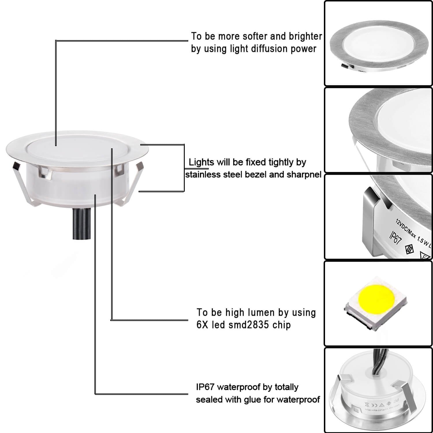 SMY Lighting Recessed LED Deck Lights, Warm White, 6 Pack, IP67 Waterproof, 304 Stainless Steel, Model D-6WW