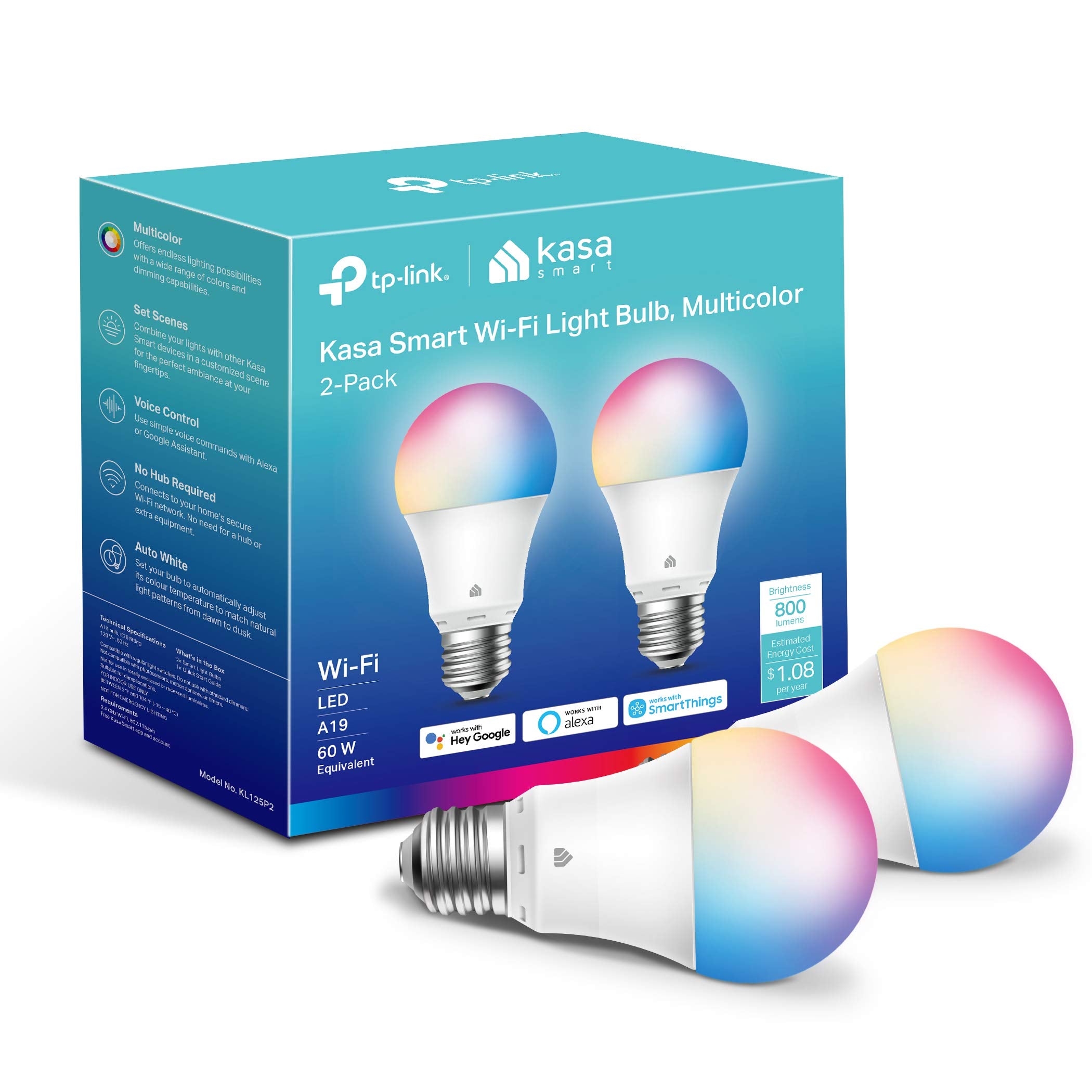 Kasa Smart Light Bulbs, Dimmable WiFi A19, 60W, 800 Lumens, Multicolor, 2-Pack, Model KL125P2