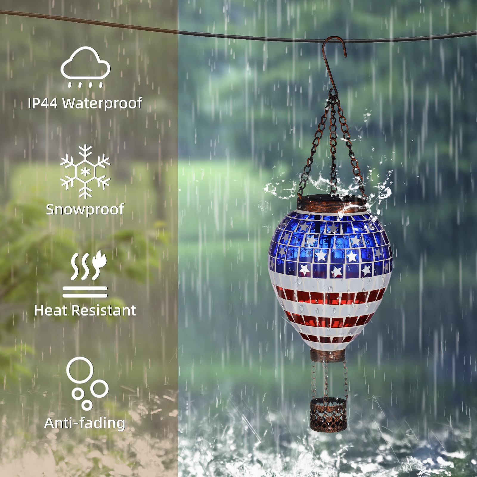 Voreen American Flag Hot Air Balloon Solar Lantern  Handmade Mosaic Outdoor Hanging Wind Light  Ip44 Waterproof  Patio Decorations  Gift For Mom Wife Friend  Patriotic Theme  4Th Of July Decor