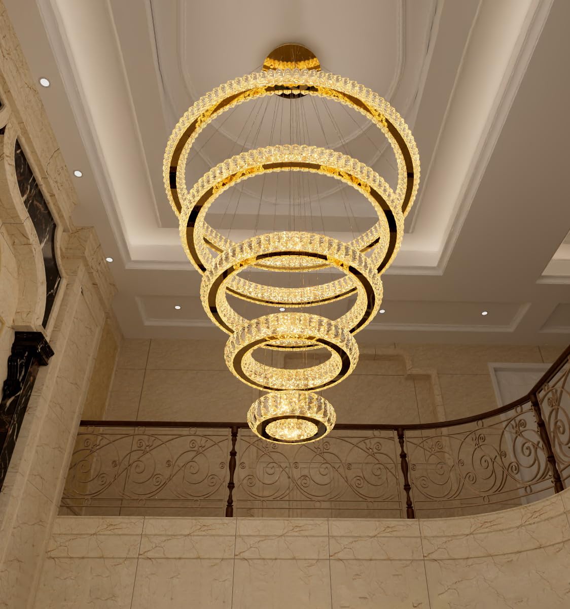 HAIXIANG Modern Chandelier 8+16+24+32+40 5 Rings Crystal LED Dimmable Lighting Foyer Entryway High Ceiling Living Room Chanderliers Pendant Lights Fixtures Gold Light