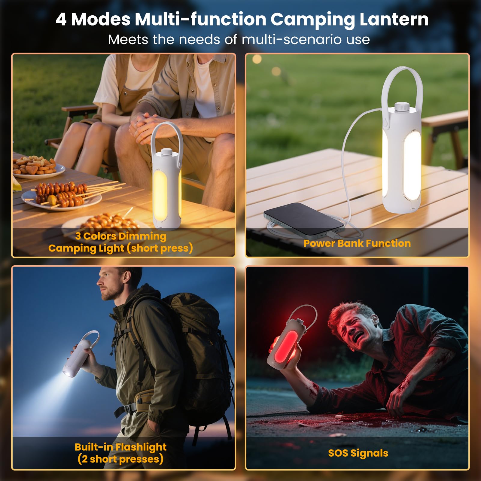 CHEE MONG 4-in-1 Camping Lantern, 10000mAh Power Bank, SOS Flashlight, 360° LED Light, White, Model DQ311