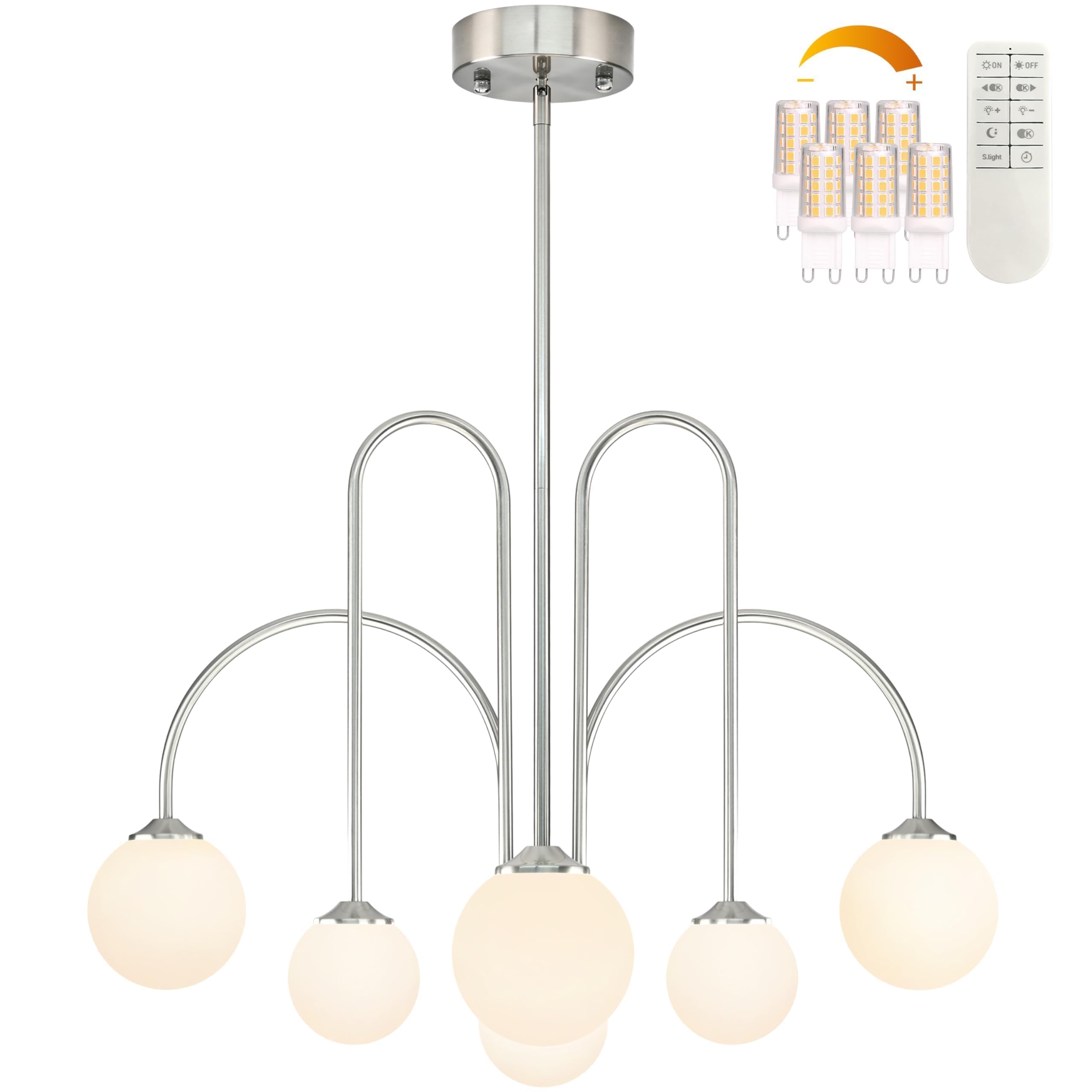 Bagood Nickel 6 Lights Globe Chandelier Light Fixture Modern Sputnik Chandelier Dimmable Chandeliers With White Globe Glass 29.5