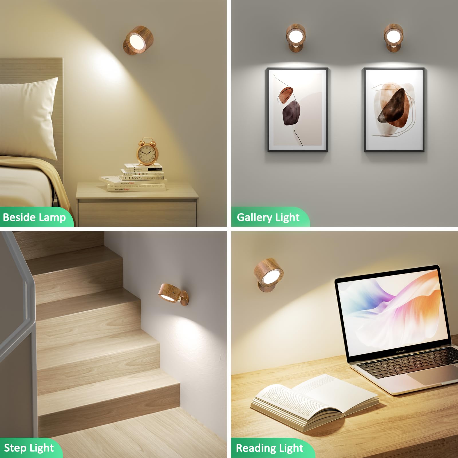 Lightbiz LED Wall Sconces - 2 Pcs Rechargeable, Dimmable, 3 Color Temp, Magnetic 360° Rotation, Walnut Wood, Model X120