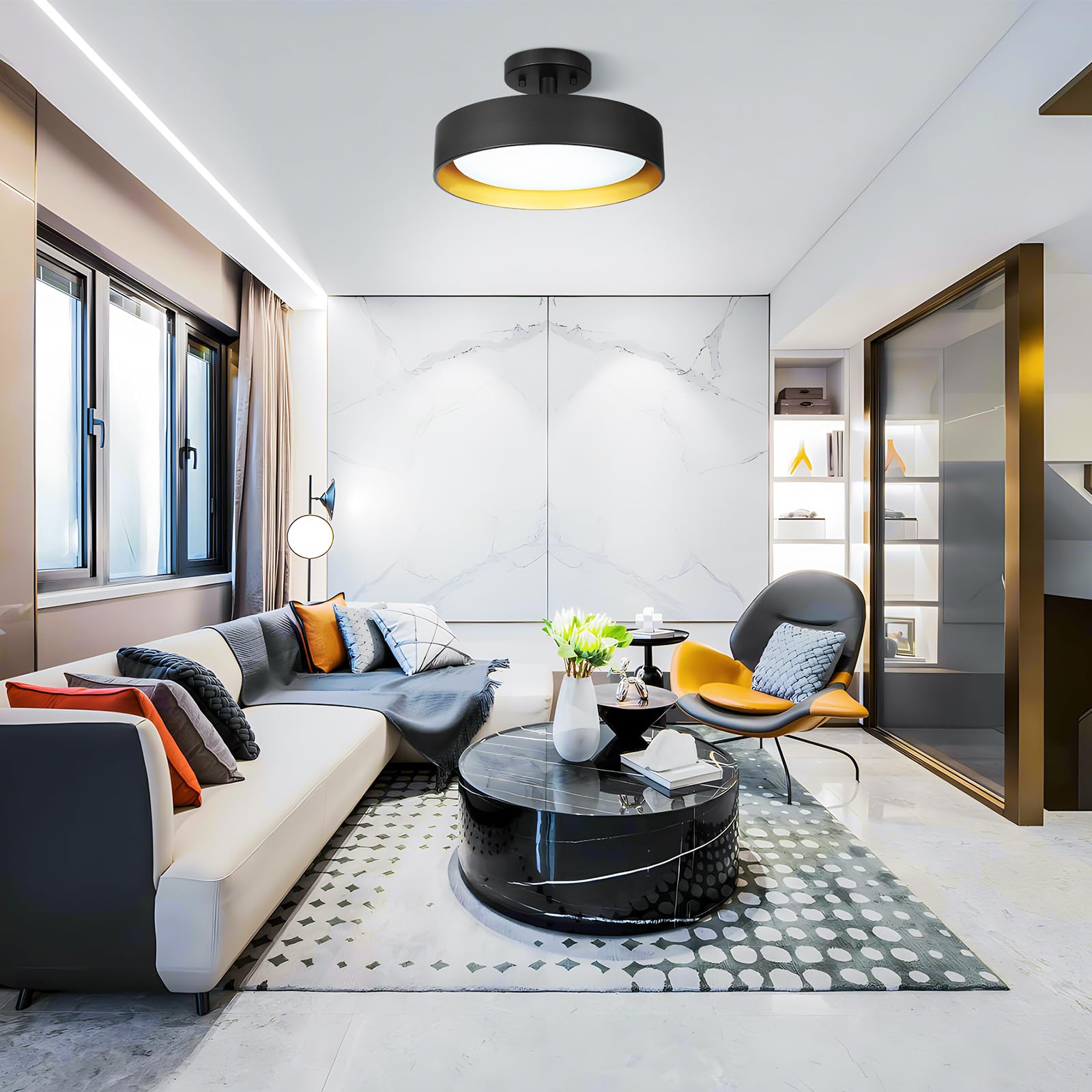 Sunrider Industrial Semi Flush Mount Led Ceiling Light Fixture, 12 Inch 25W 2000Lm Black Metal Bedroom Lamp, Golden Inside, 6000