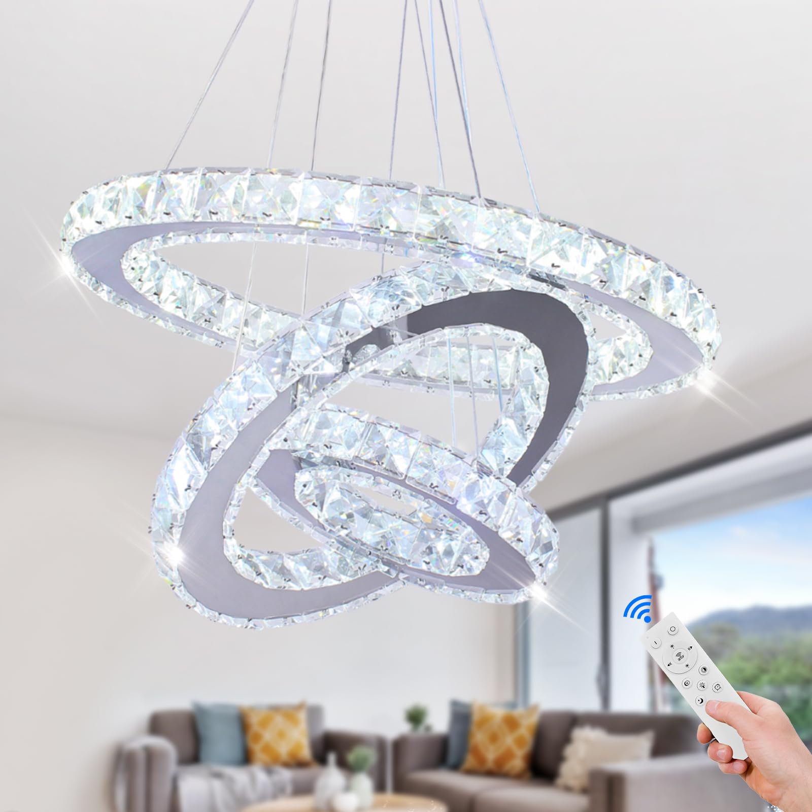 Cainjiazh Modern LED Chandeliers Crystal Chandelier 3 Ring Pendant Lighting Adjustable Stainless Steel Ceiling Light Fixture for