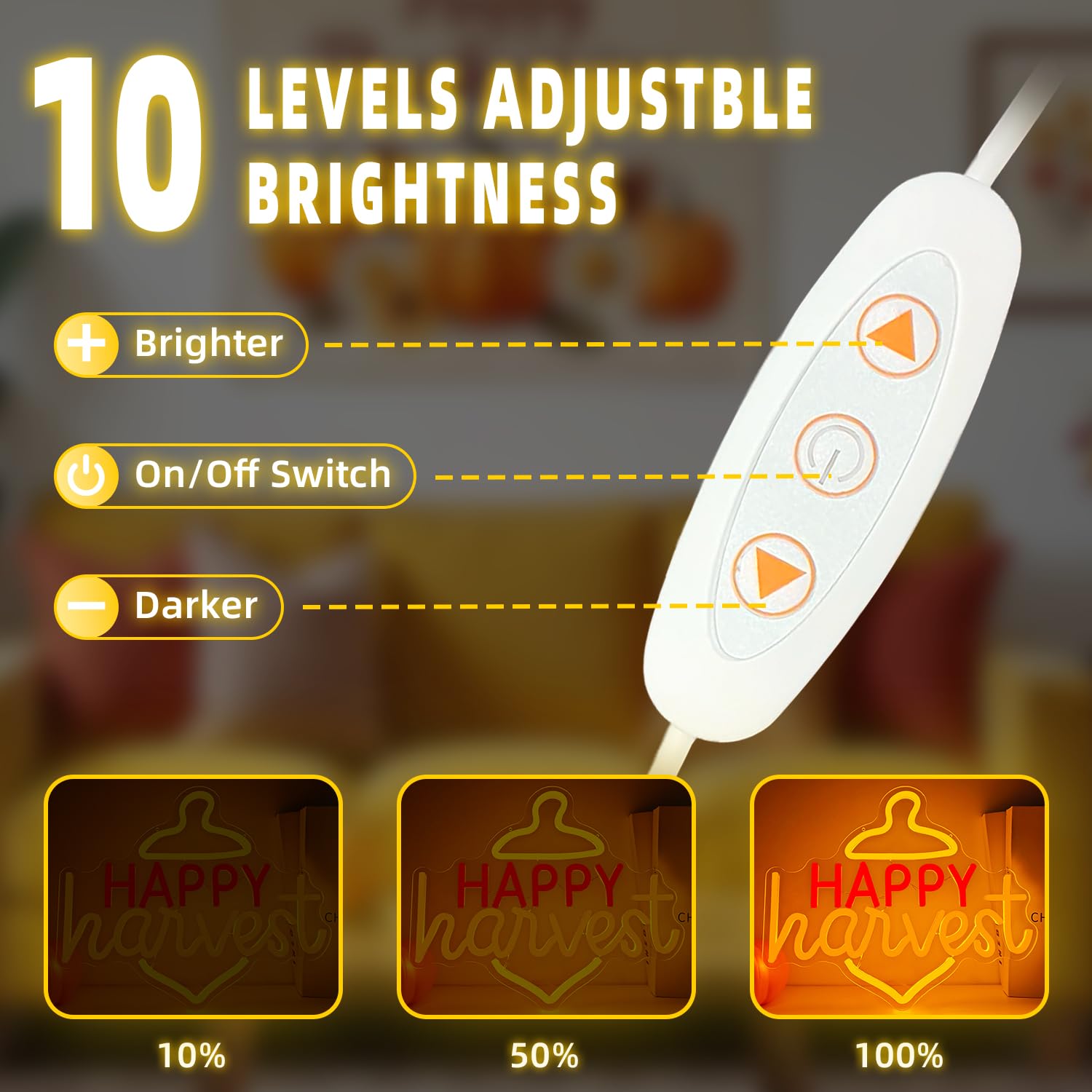 Jeanchrl Happy Harvest Neon Sign For Home Wall Dimmable Fall Light Sign For Home Decor Thanksgiving Decor Neon Wall Art For Bedroom Living Room Yellow Pinecone Led Sign For Party Gift