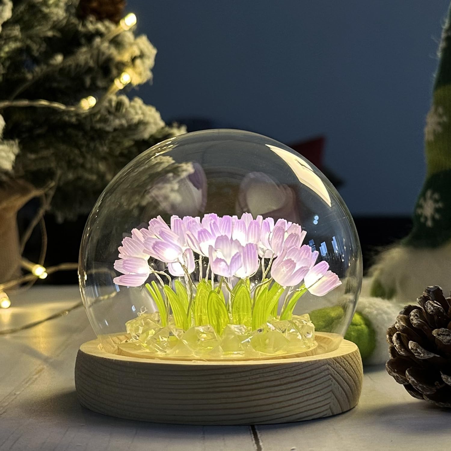 LOGAZOO Tulip Lamp - 20 Flower Night Light, Purple Glass Dome, Plastic, Model XZH05PK, Handmade Table Decoration for Home or Gifts