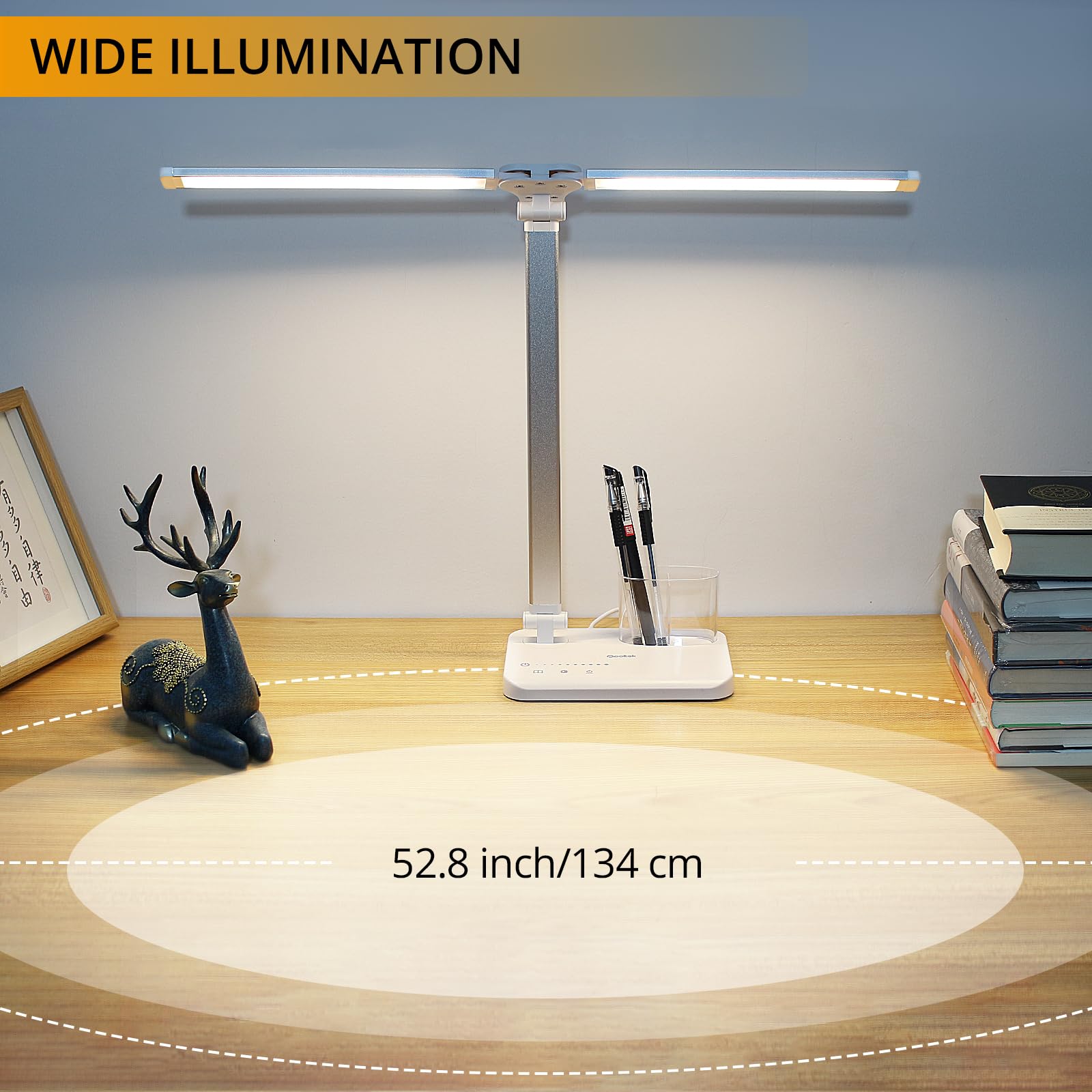Qooltek LED Desk Lamp, Touch Control, 5 Color Modes, Adjustable Brightness, USB Charging, Silver White, Model JB510