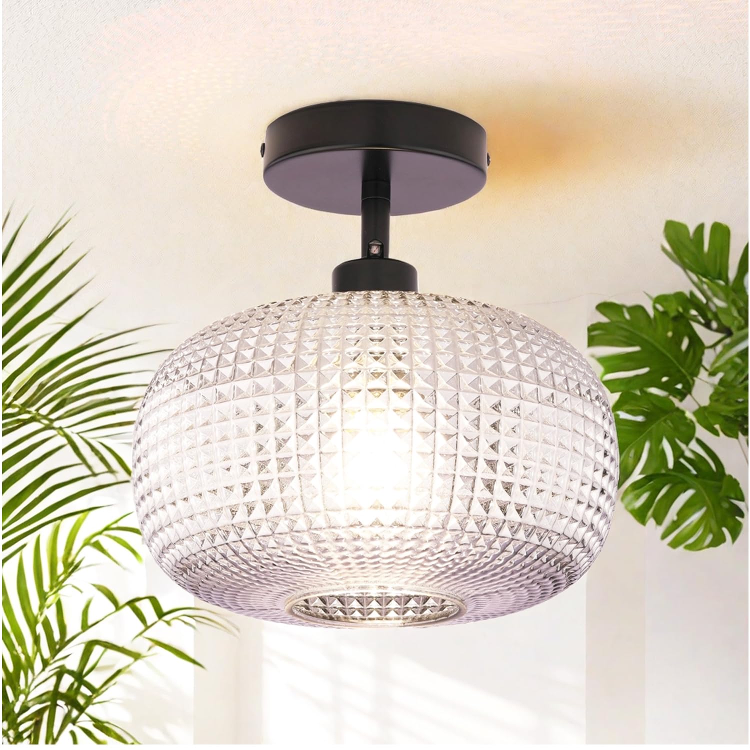 Jolydoly Semi Flush Mount Ceiling Light Fixture,Black Light Fixtures Ceiling Mount,Hallway Light Fixtures,Close To Ceiling Light,Globe Glass Ceiling Light Fixture,Vintage Ceiling Lamp For Bathroom