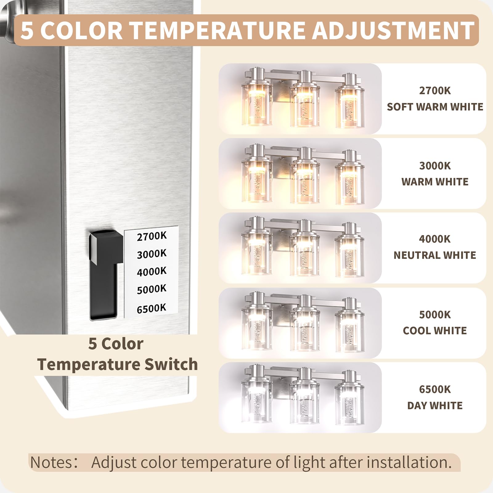 Quntis 3-Light Dimmable Bathroom Vanity Light, Brushed Nickel Led Fixture, Eye Protection, Bulbs Included