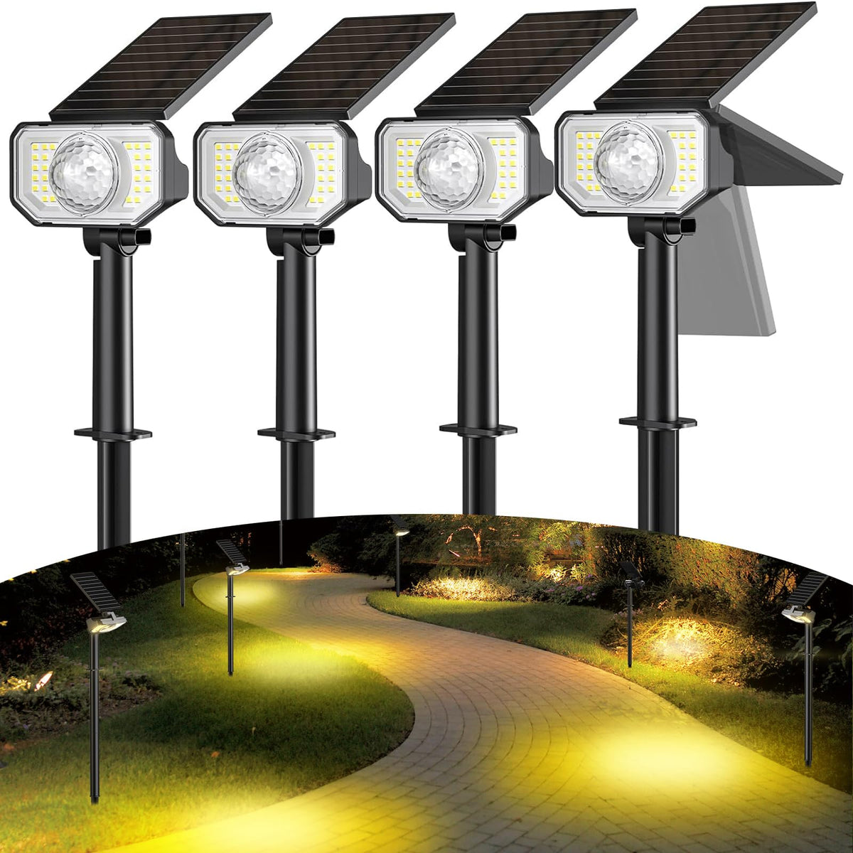 Quntis Solar Spot Lights Outdoor, Super Bright 26+1 Led 3 Warm Lighting Modes, 2-In-1 Adjustable Solar Landscape Spotlights For