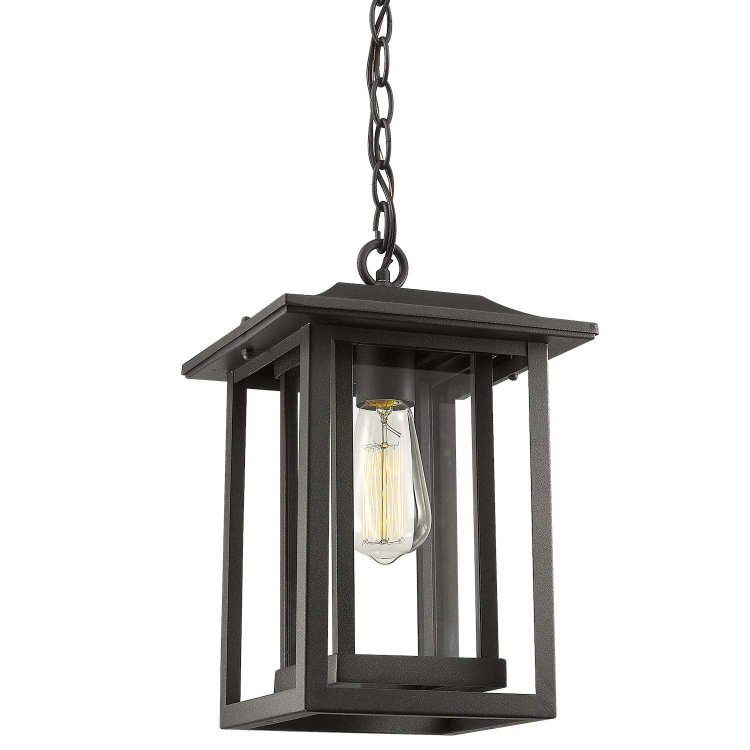 Beionxii Outdoor Pendant Light, Large Hanging Lantern, Black Aluminum, Clear Glass, 13.5in x 9in, Model A197H-1PK