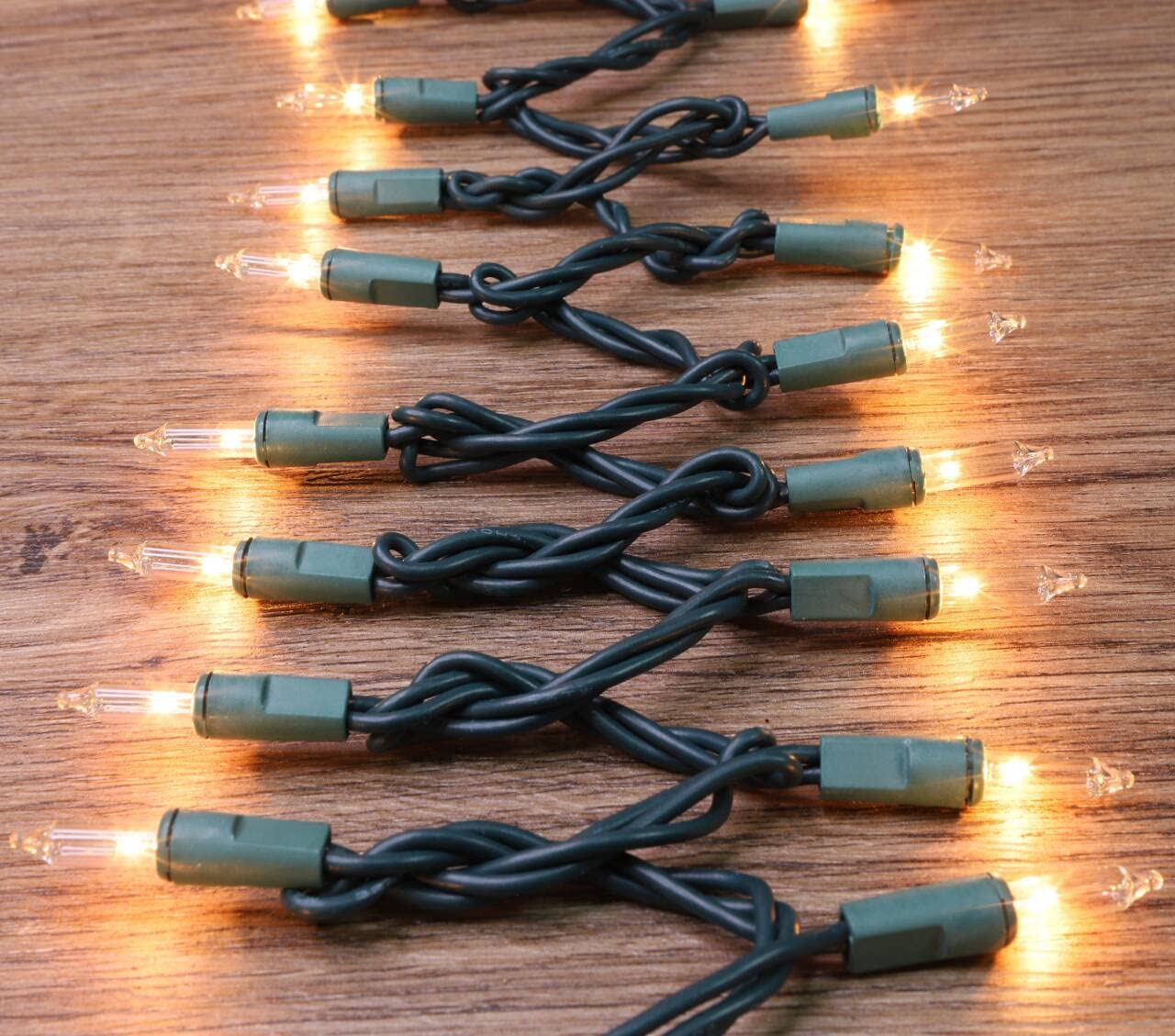 GLOWNOVA 300 Mini Clear Incandescent String Lights - Green Wire, Plastic, Indoor Christmas Party Decoration, Model HP-150-3/SB