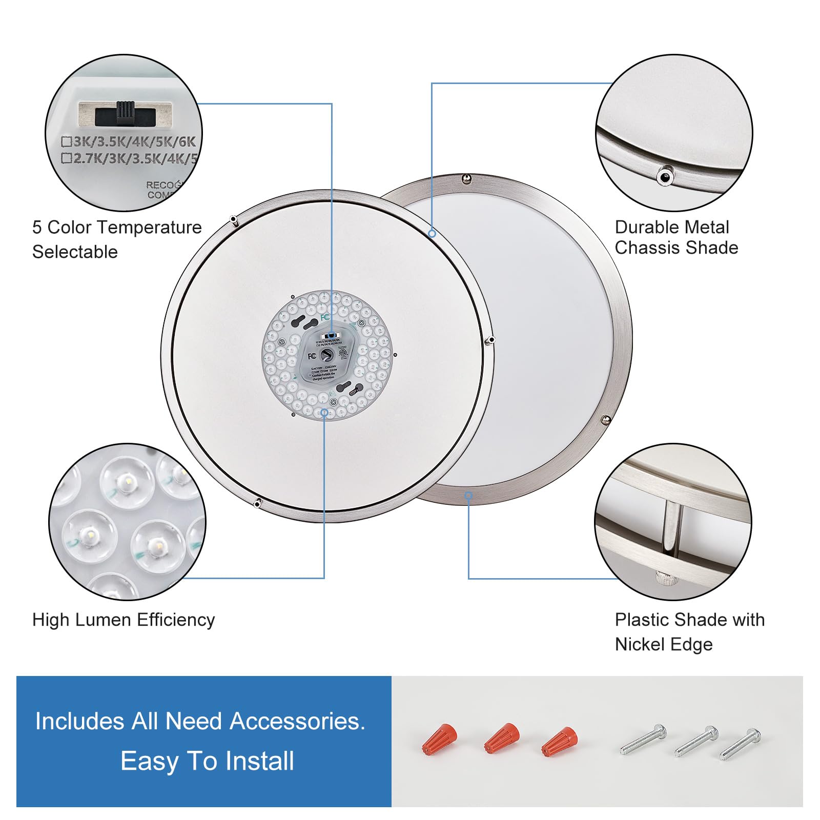 Dllt 2Pack Flush Mount Led Ceiling Light: 13 Inch 5Cct (3000K-6000K) & Dimmable Ceiling Light Fixtures For Bedroom Hallway - 24W Modern Brushed Nickel Super Bright Kitchen Lighting Fixtures Ceiling